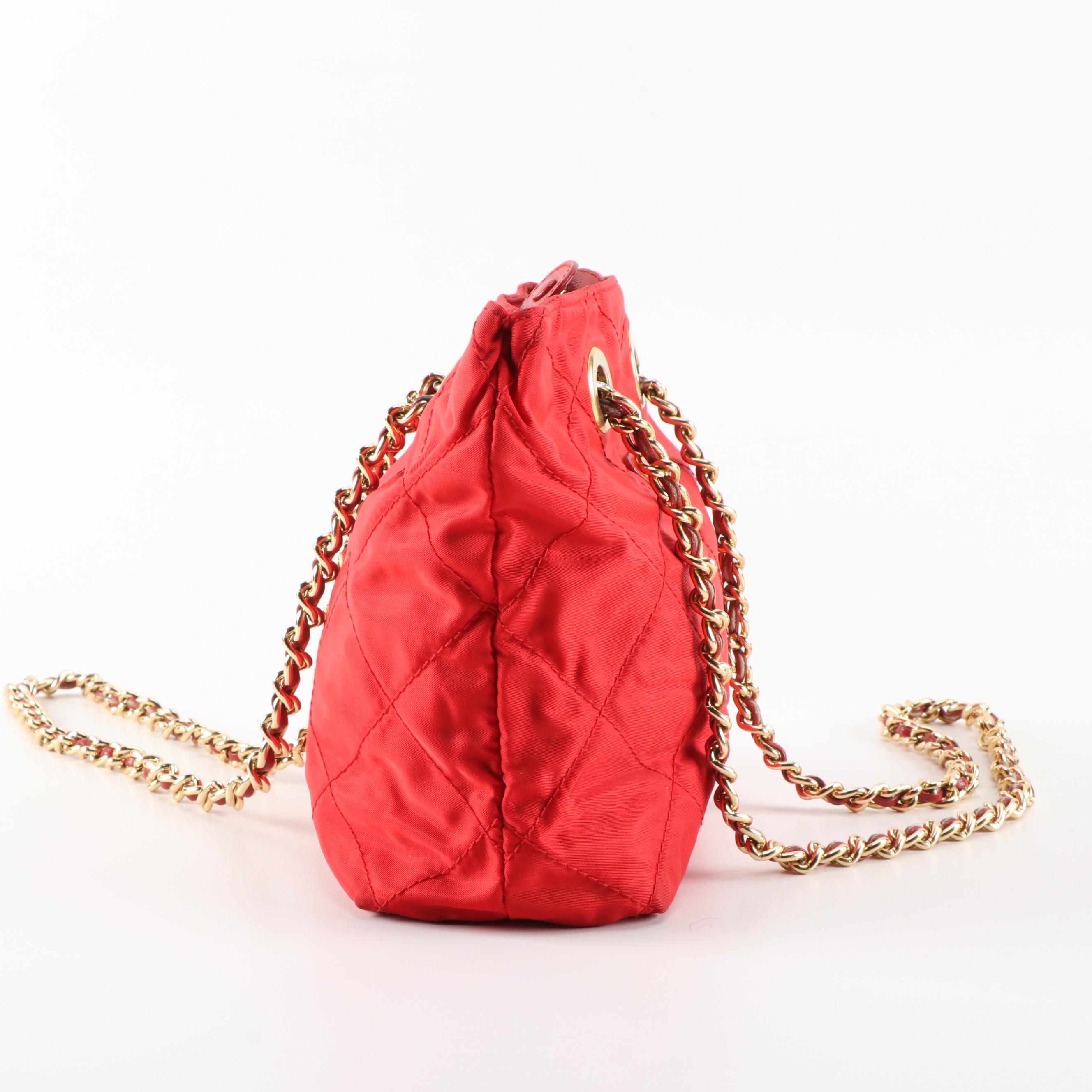 Prada Chain Shoulder Bag in Red Quilted Tessuto Nylon and Saffiano Leather Trim