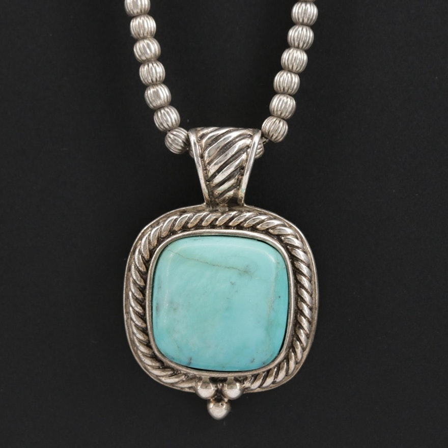 Southwestern Style Sterling Silver Beaded Turquoise Pendant Necklace