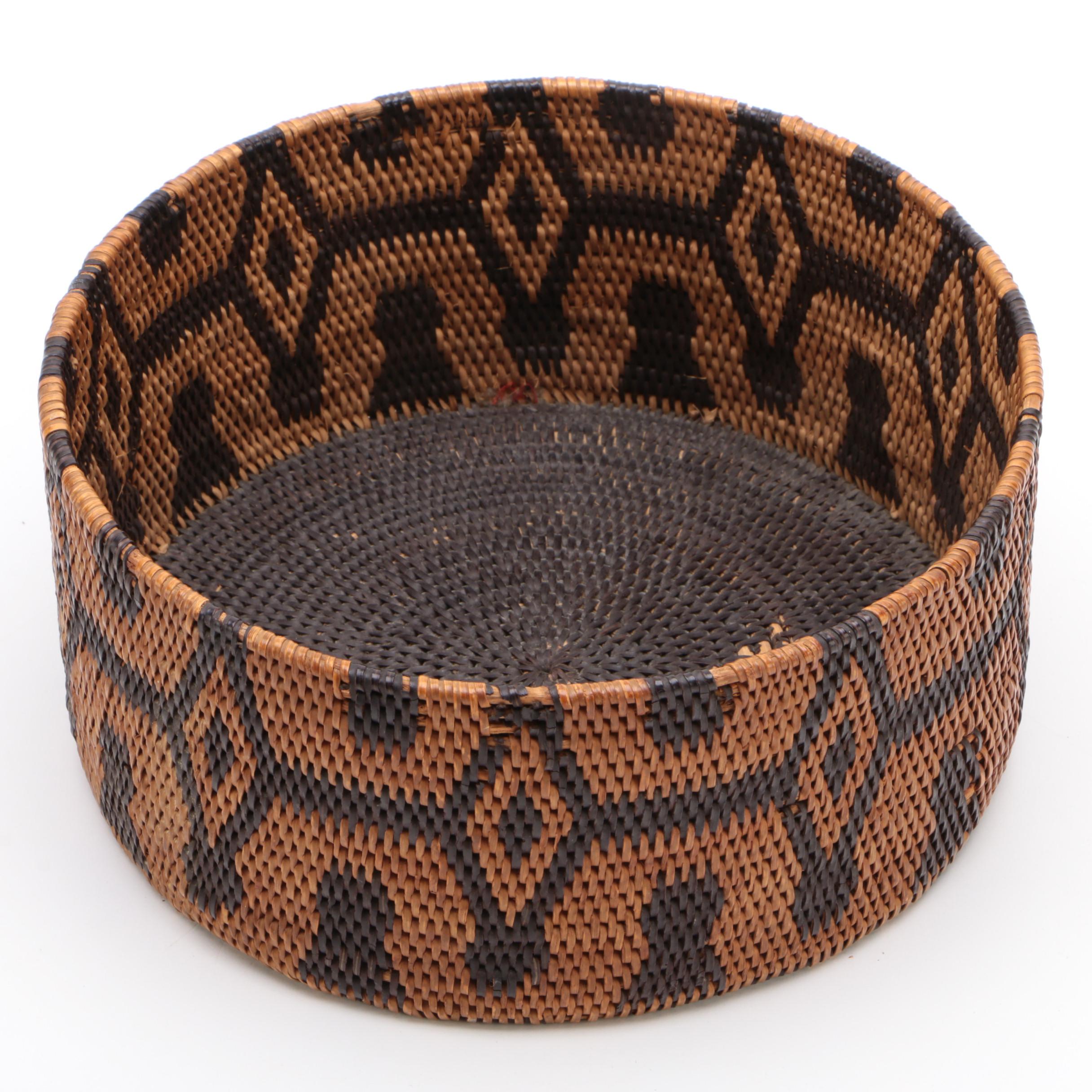Dichromatic Woven Basket with Diamond Medallions
