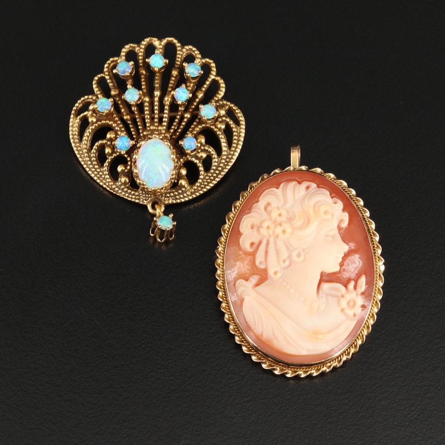 14K Gold Opal and Helmet Shell Converter Brooches