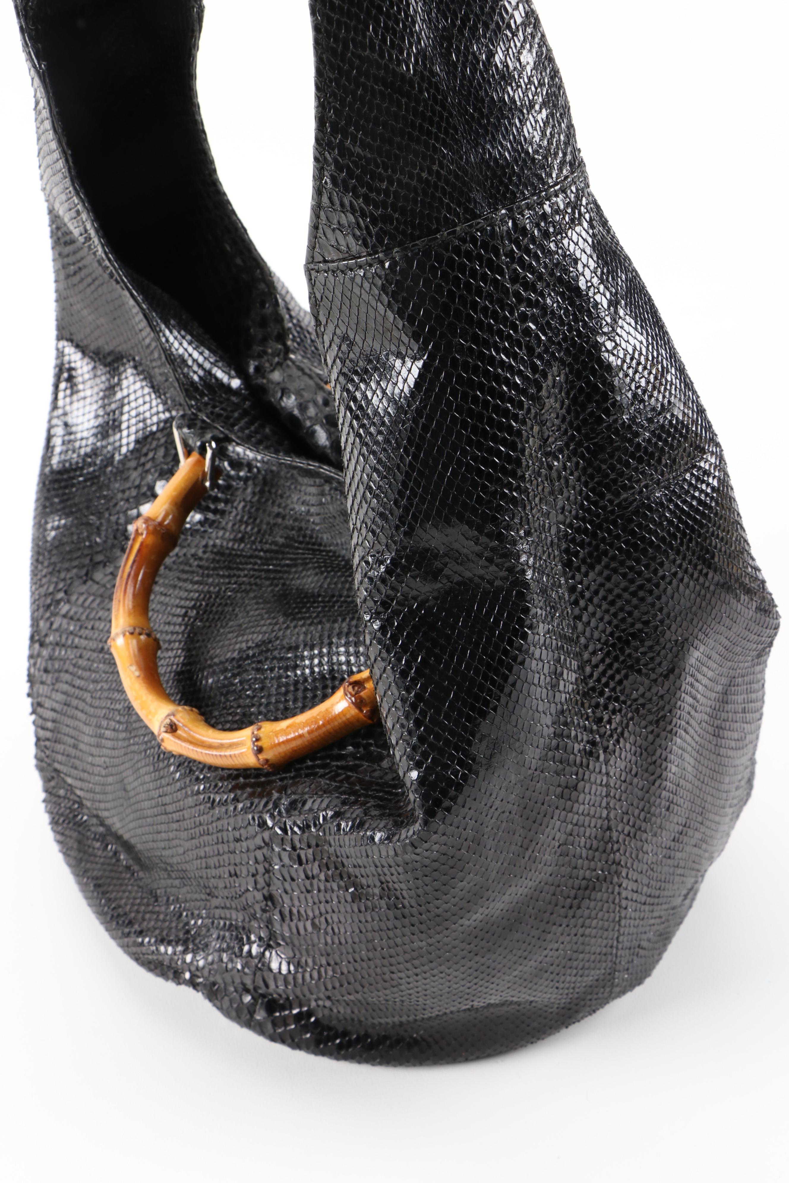 Gucci Bamboo Bucket Bag in Dyed Black Python Skin and Leather, Vintage