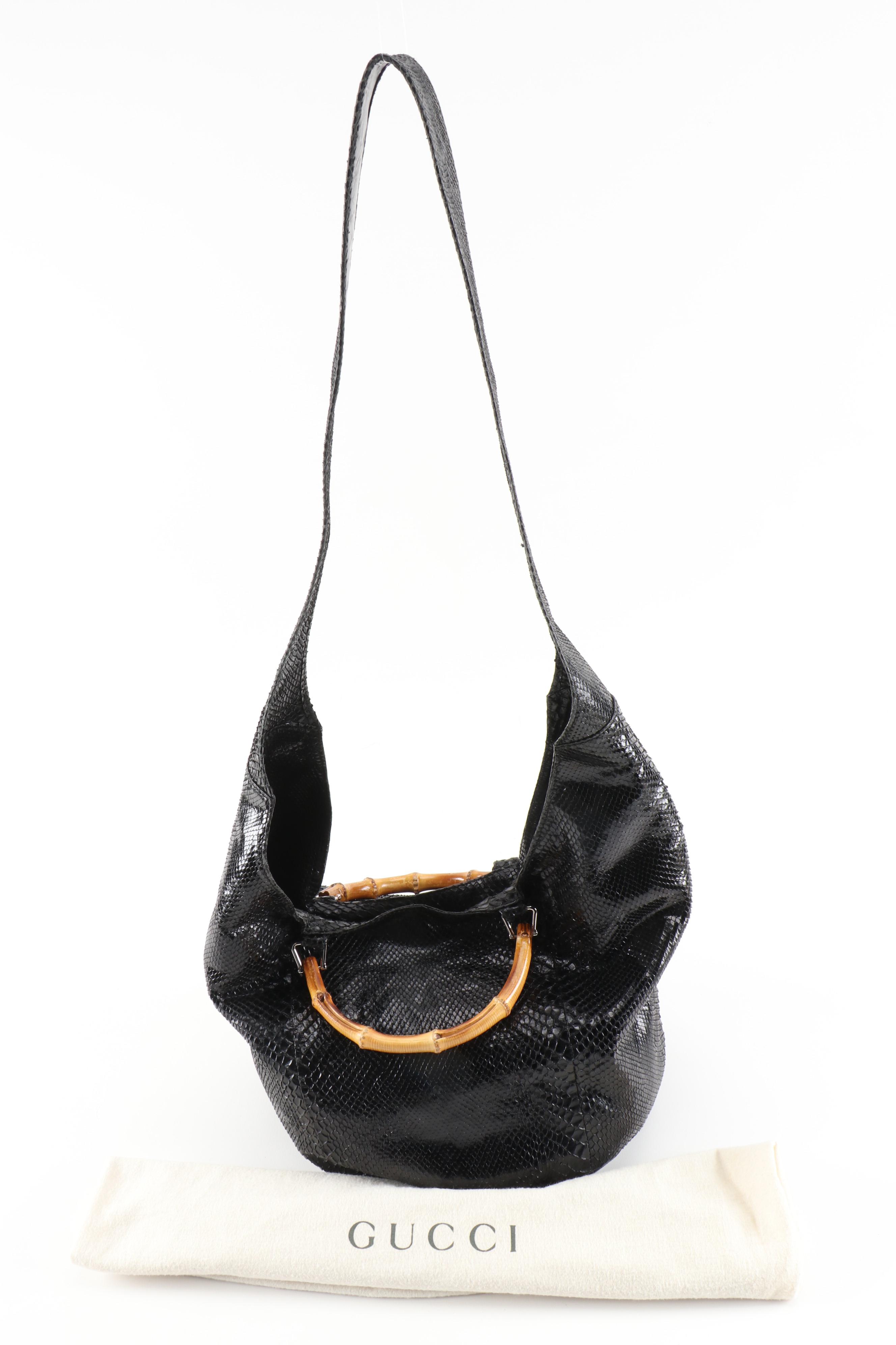 Gucci Bamboo Bucket Bag in Dyed Black Python Skin and Leather, Vintage