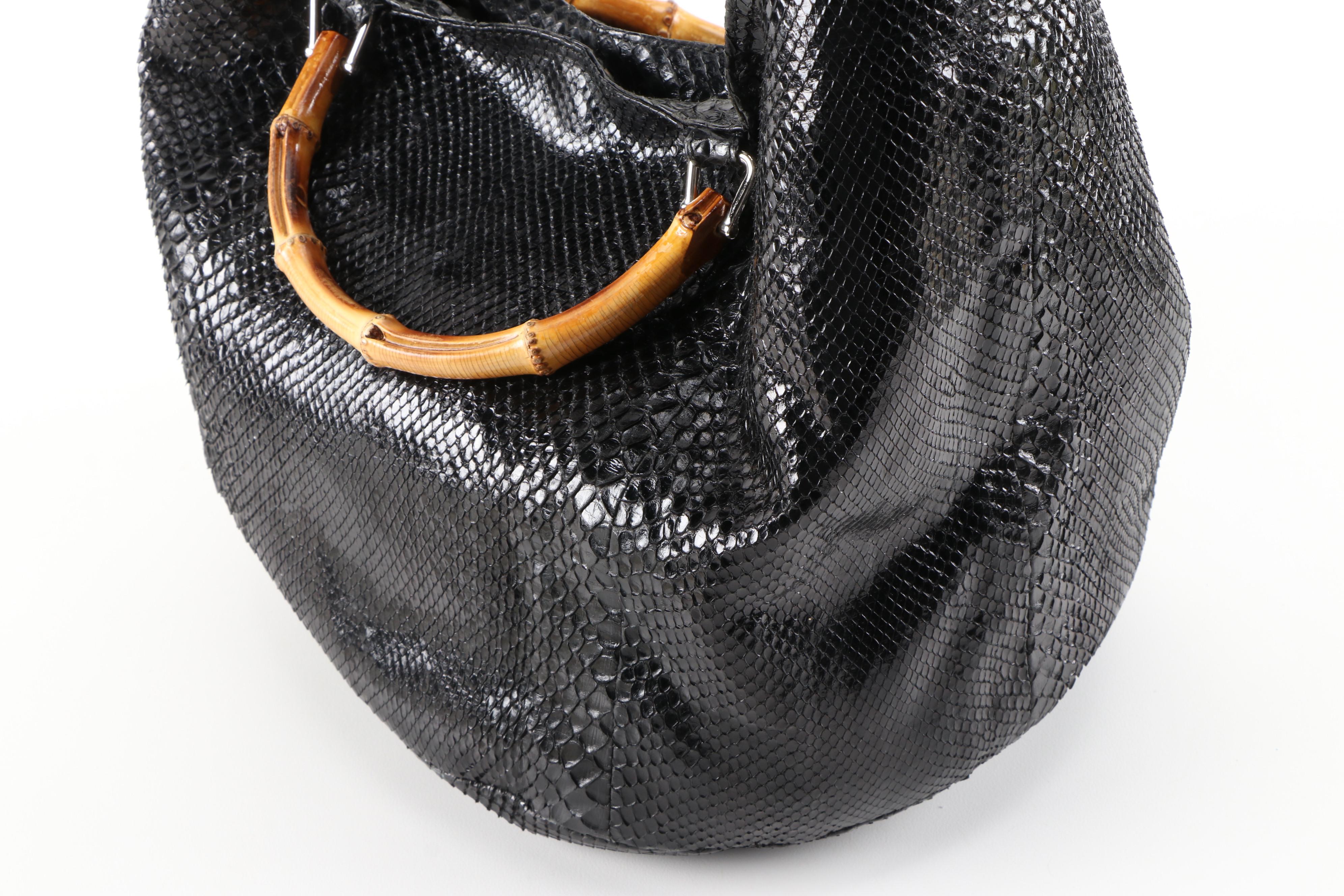 Gucci Bamboo Bucket Bag in Dyed Black Python Skin and Leather, Vintage