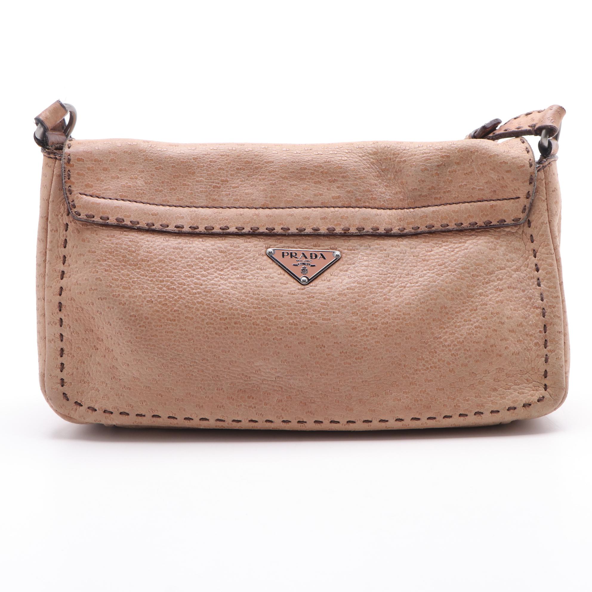Prada Textured Leather Flap Front Shoulder Bag with Running Stitch Accents