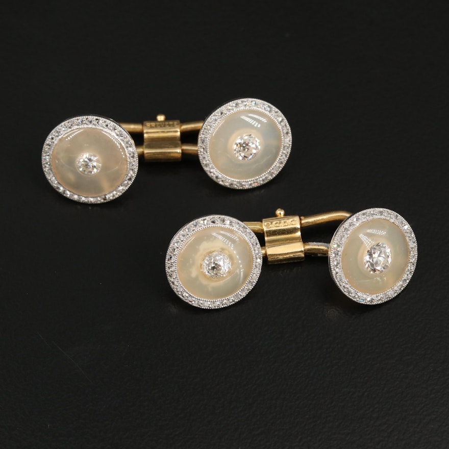 French Platinum and 18K Yellow Gold 1.17 Diamond and Chalcedony Cufflinks