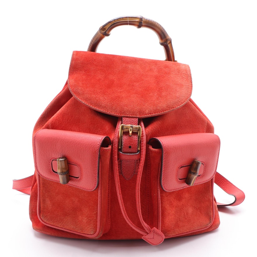 Gucci Bamboo Red Suede and Leather Backpack