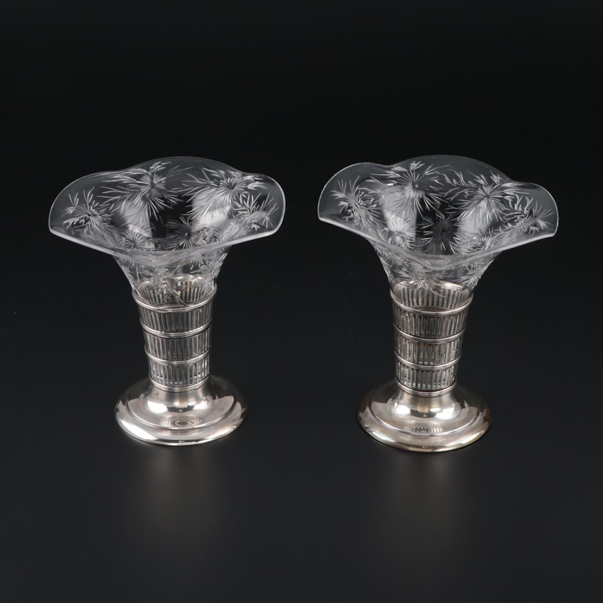 Watson Cut Glass Vases with Sterling Silver Stands, Early/Mid 20th Century