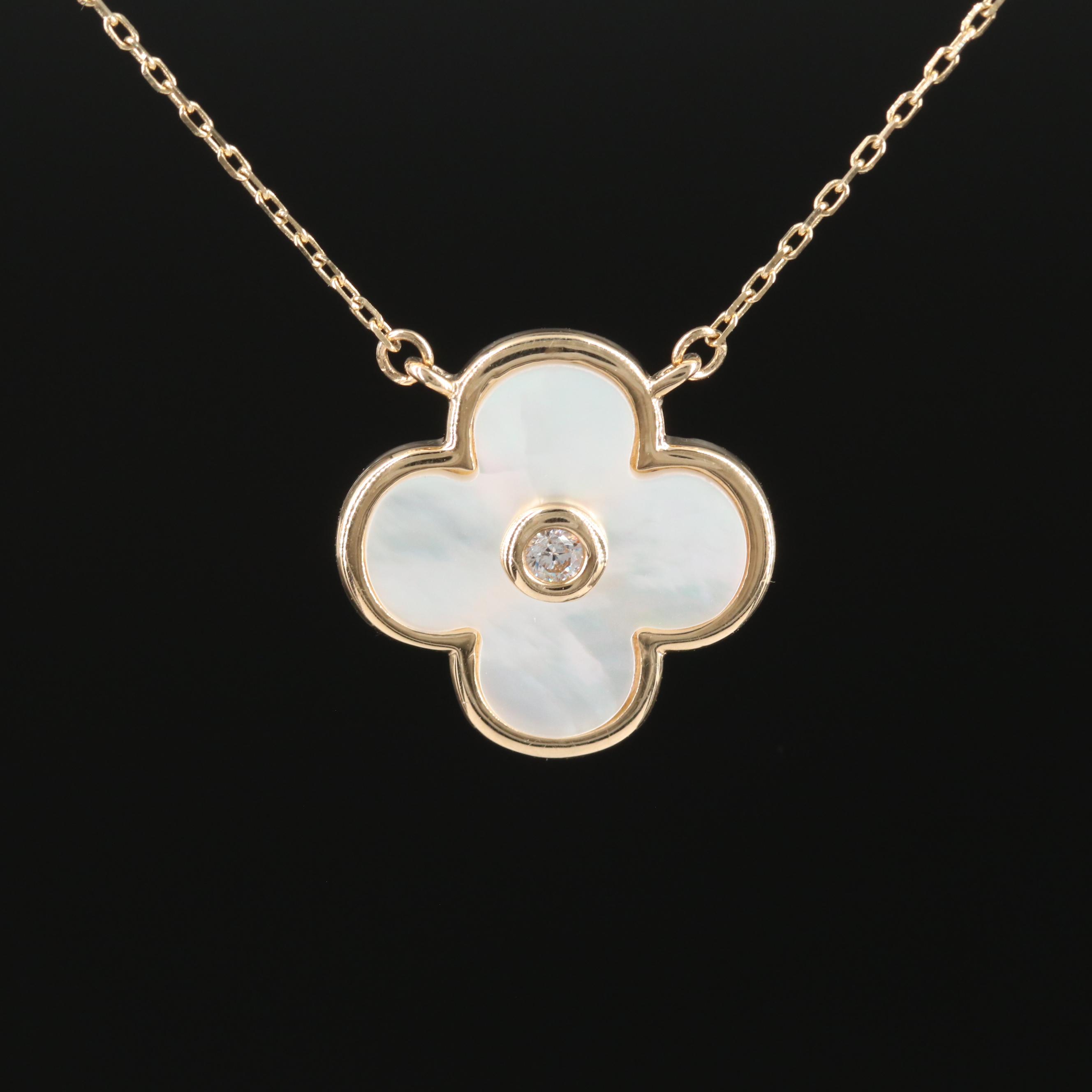 14K Gold Mother of Pearl and Cubic Zirconia Quatrefoil Necklace