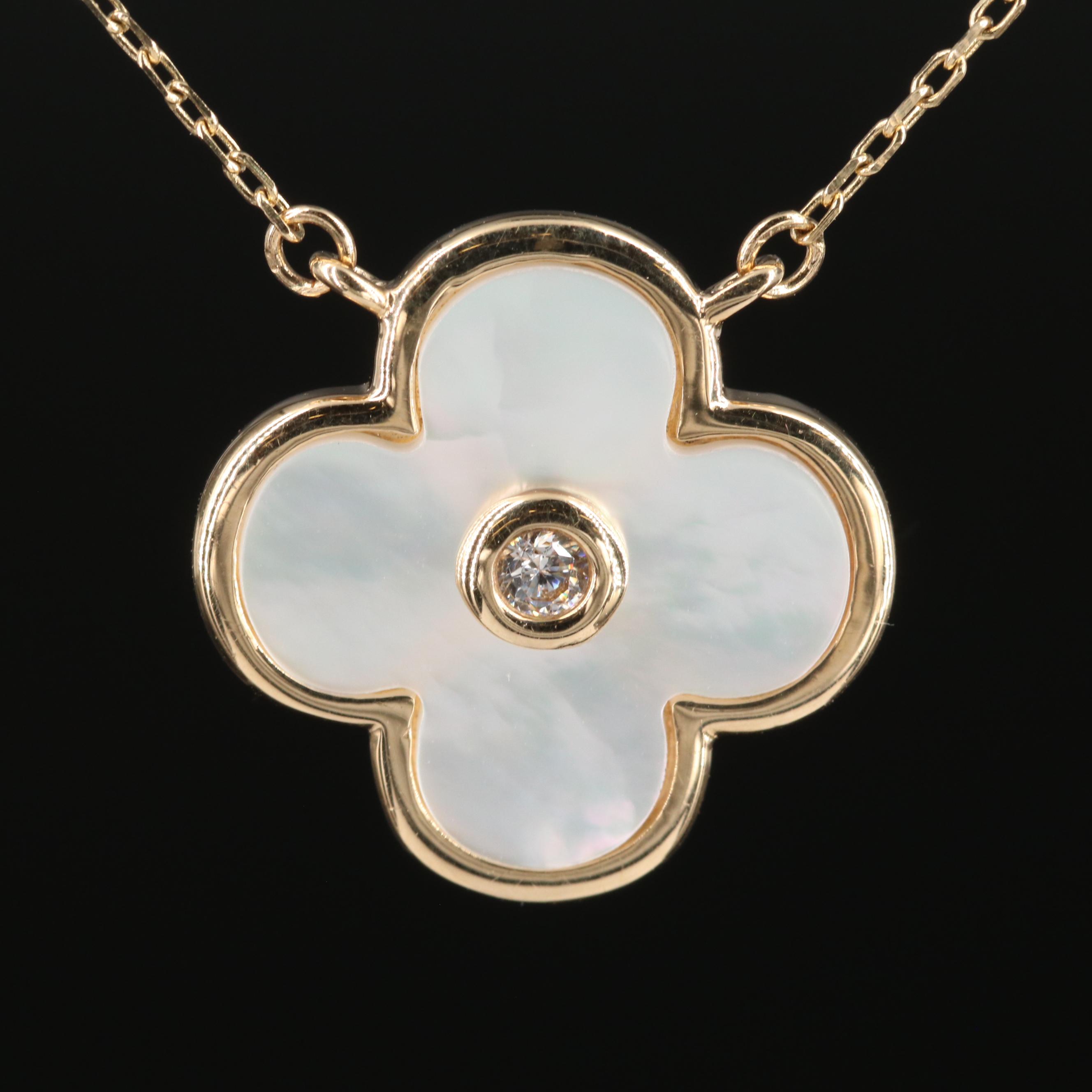 14K Gold Mother of Pearl and Cubic Zirconia Quatrefoil Necklace