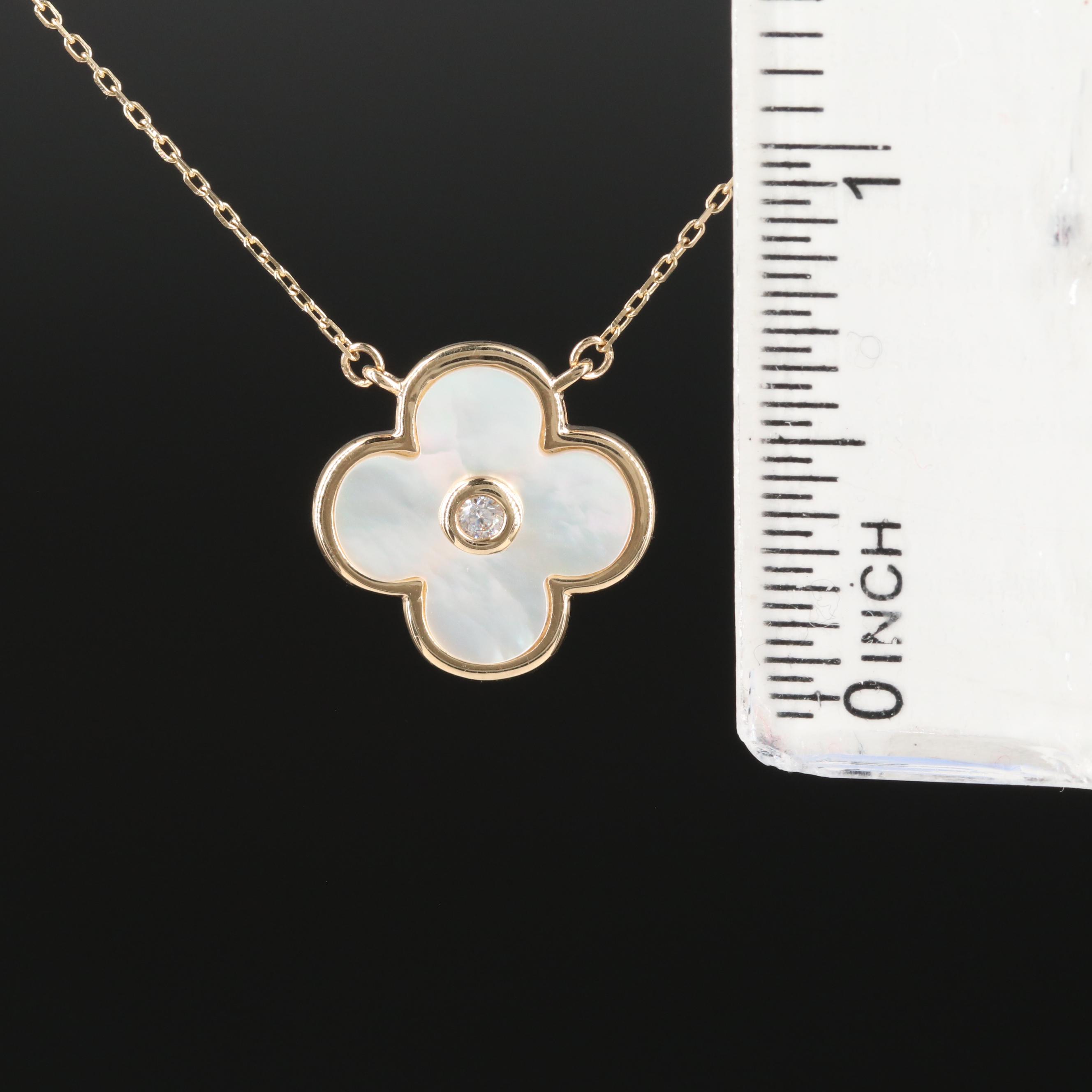 14K Gold Mother of Pearl and Cubic Zirconia Quatrefoil Necklace