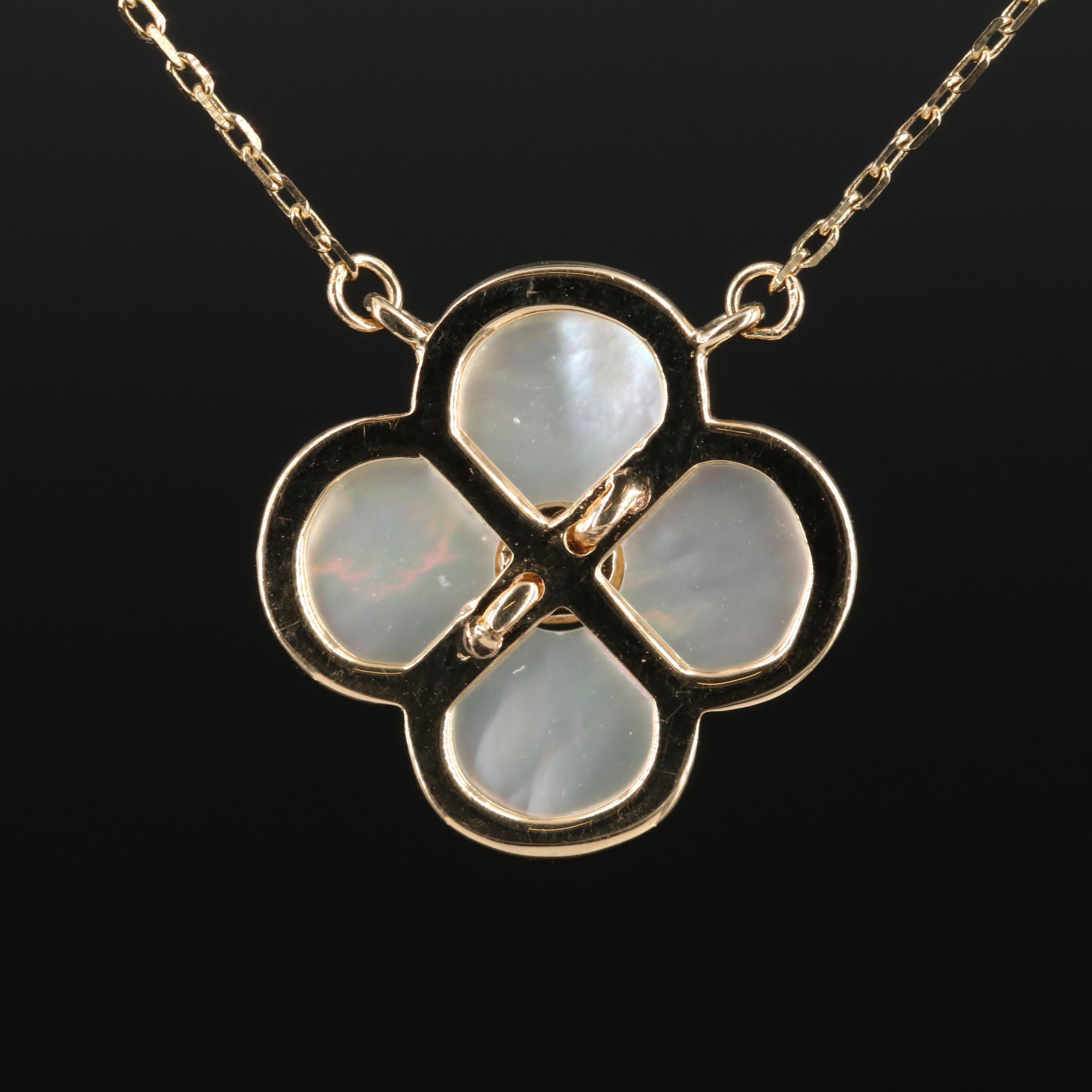 14K Gold Mother of Pearl and Cubic Zirconia Quatrefoil Necklace