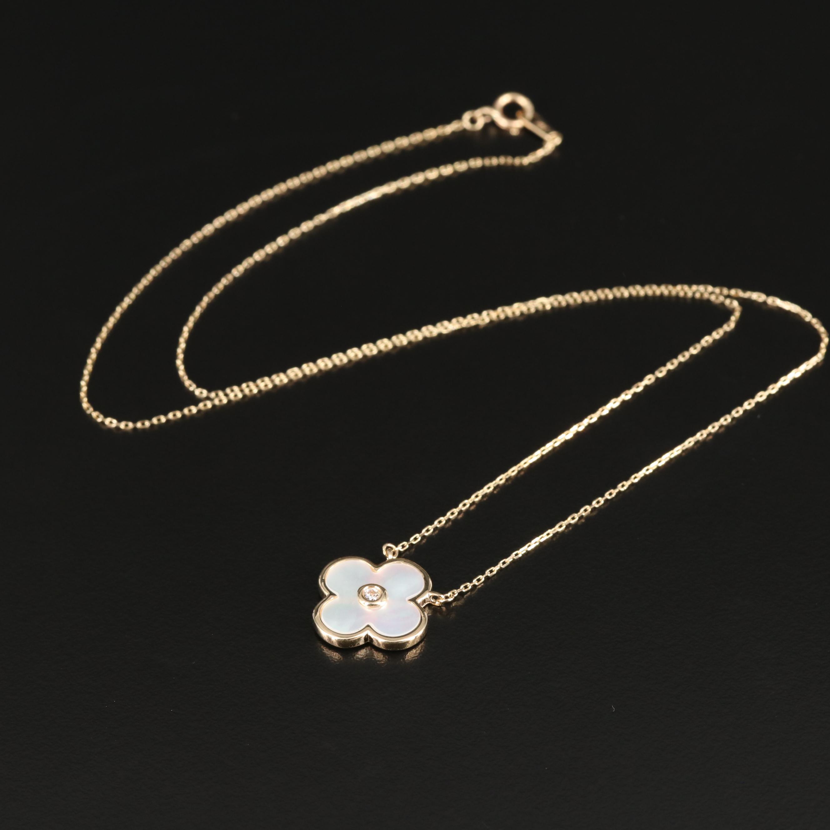 14K Gold Mother of Pearl and Cubic Zirconia Quatrefoil Necklace