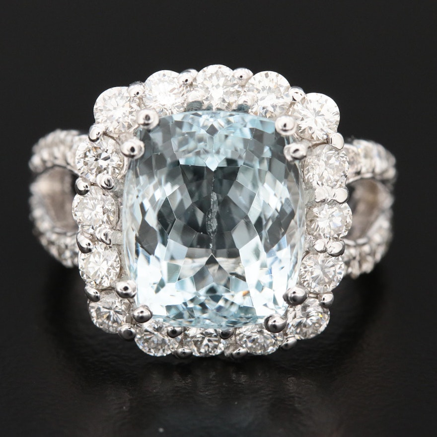 14K Gold 5.80 CT Aquamarine and 1.51 CTW Diamond Ring