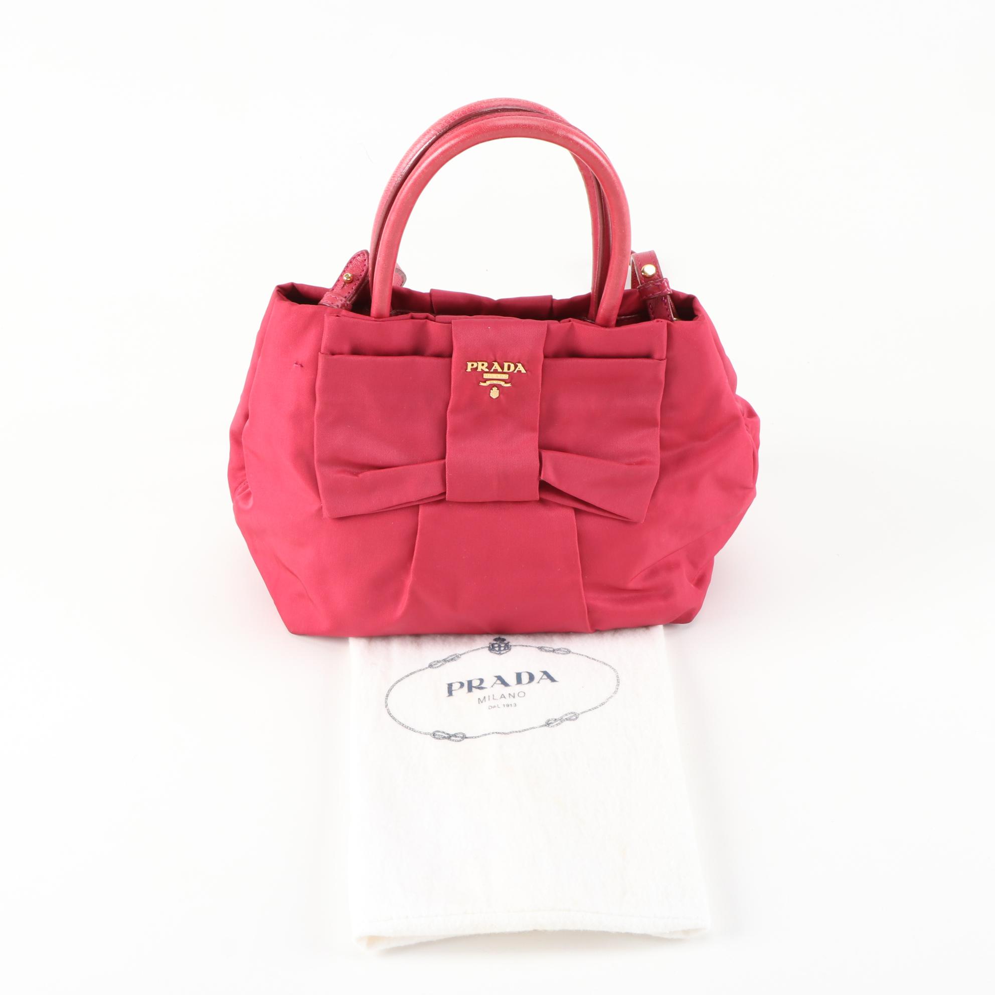 Prada Pink Tessuto Nylon Bow Handbag with Leather Trim and Shoulder Strap