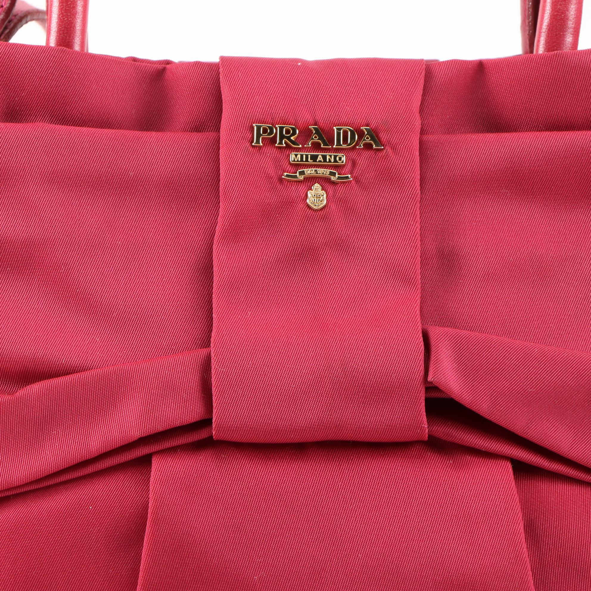 Prada Pink Tessuto Nylon Bow Handbag with Leather Trim and Shoulder Strap