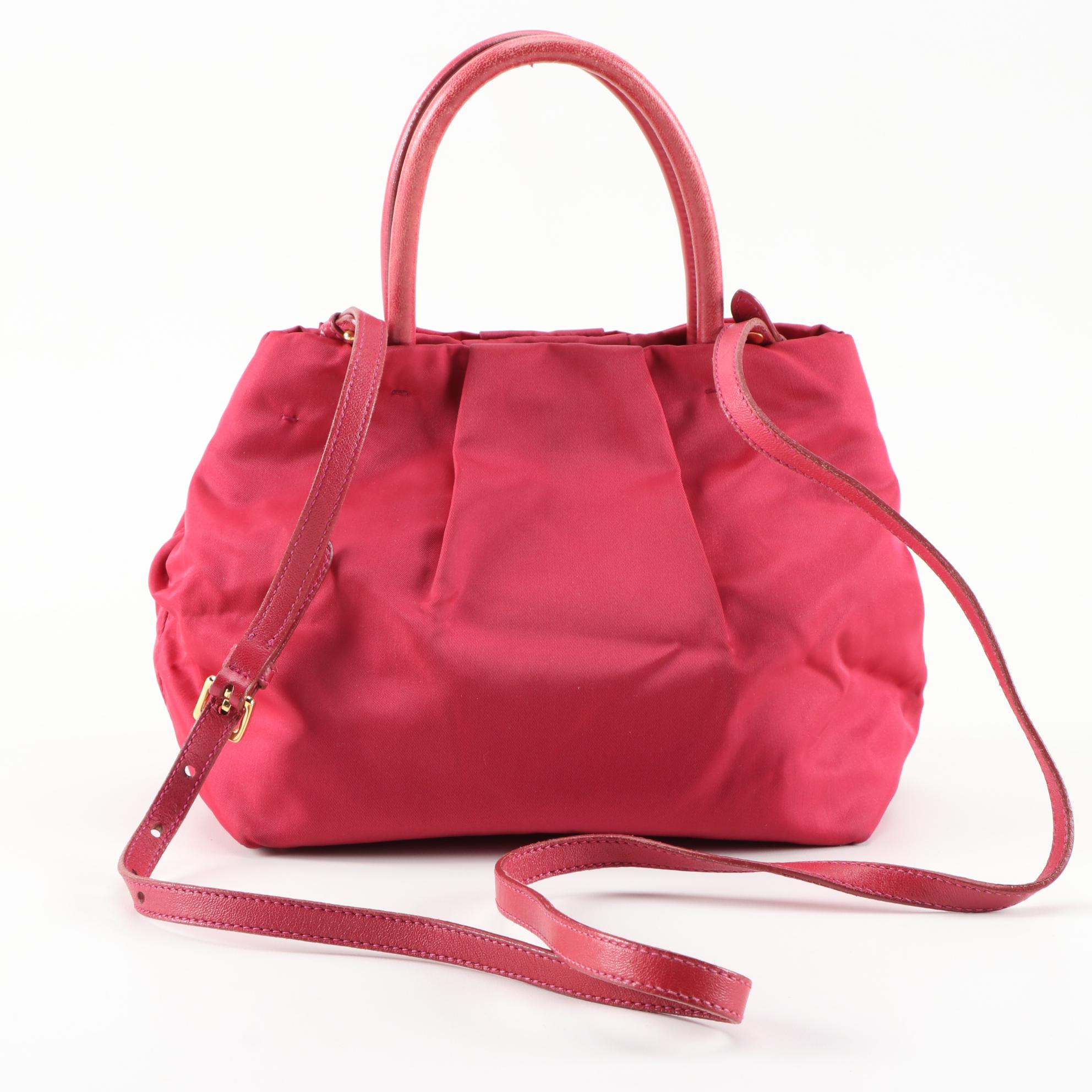 Prada Pink Tessuto Nylon Bow Handbag with Leather Trim and Shoulder Strap