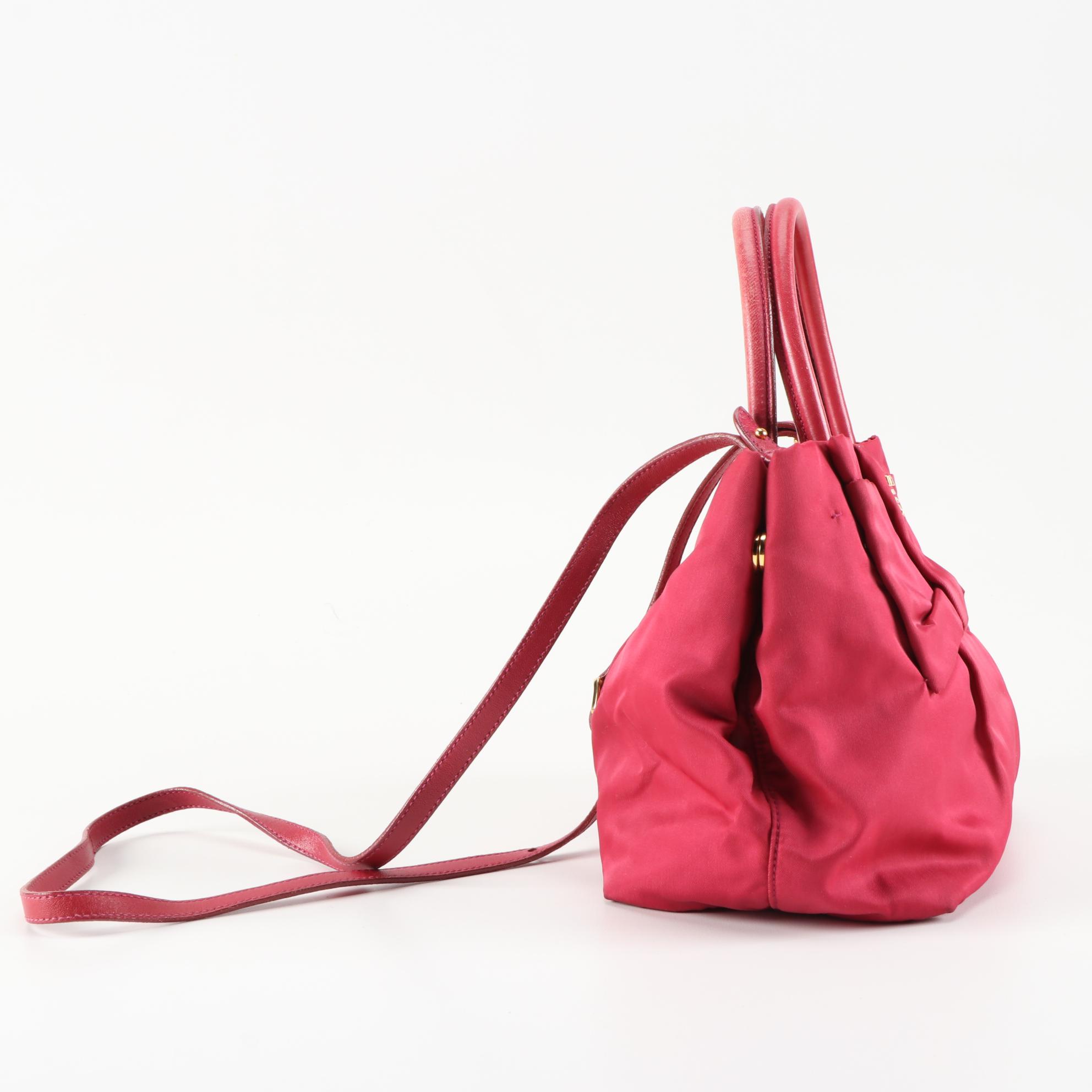 Prada Pink Tessuto Nylon Bow Handbag with Leather Trim and Shoulder Strap