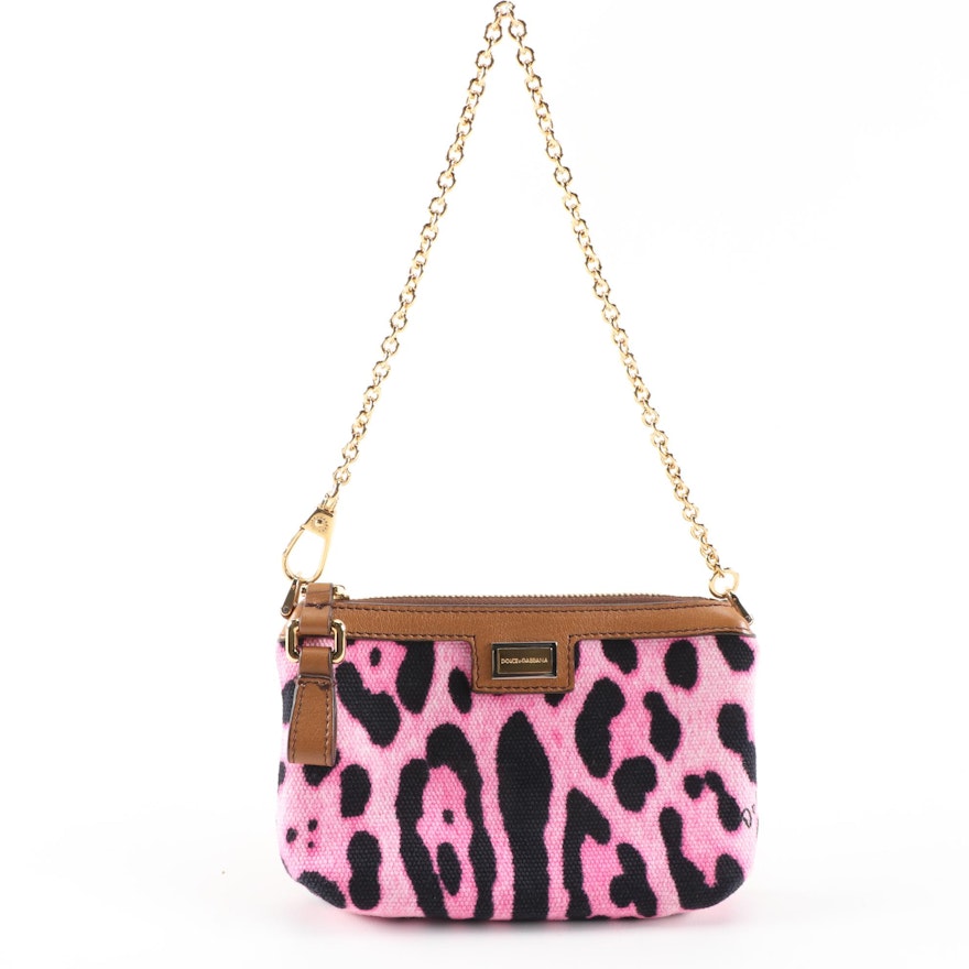 Dolce & Gabbana Pink Leopard Print Canvas and Leather Baguette with Chain Strap