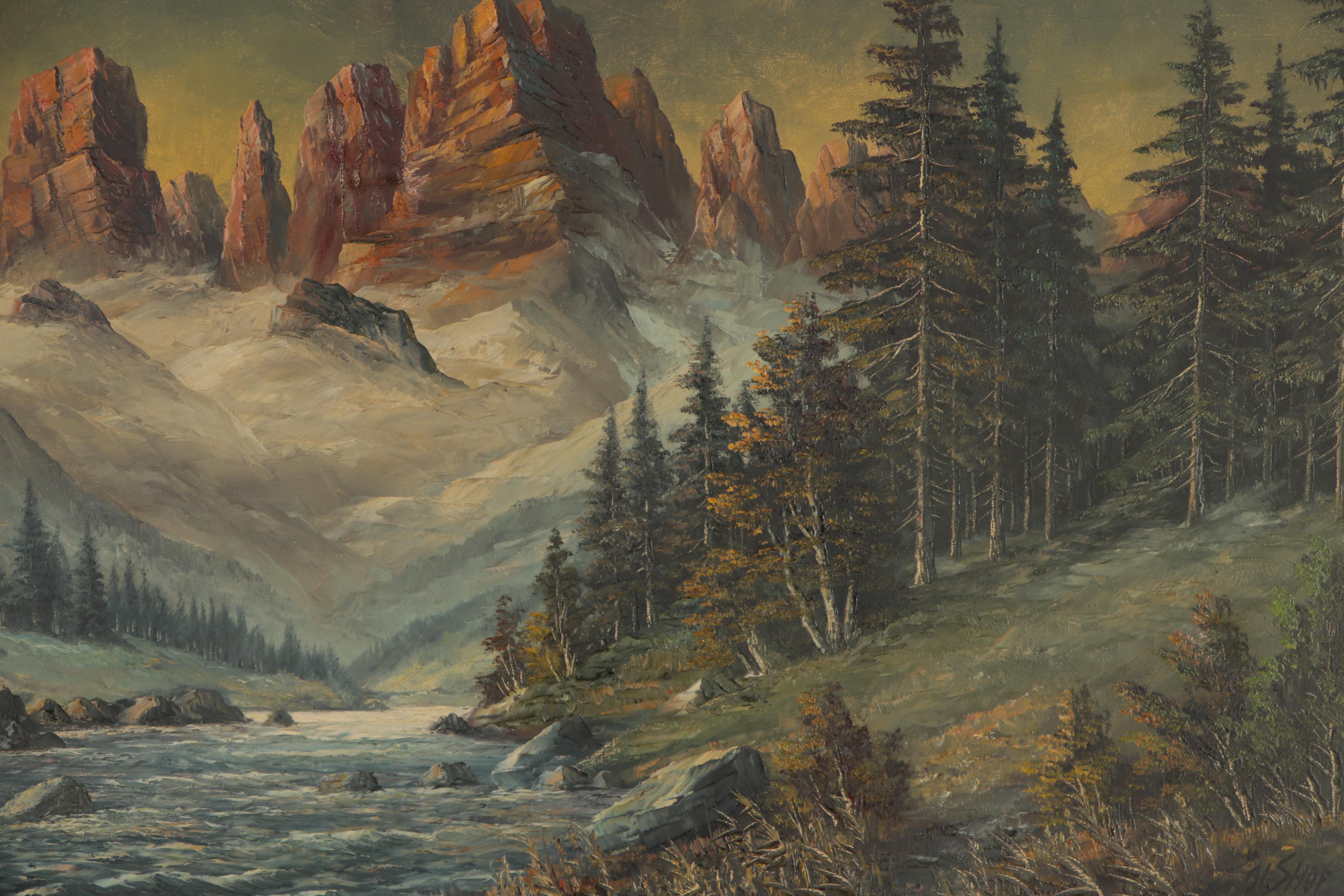 P. Olshof Oil Painting of Mountainside Landscape