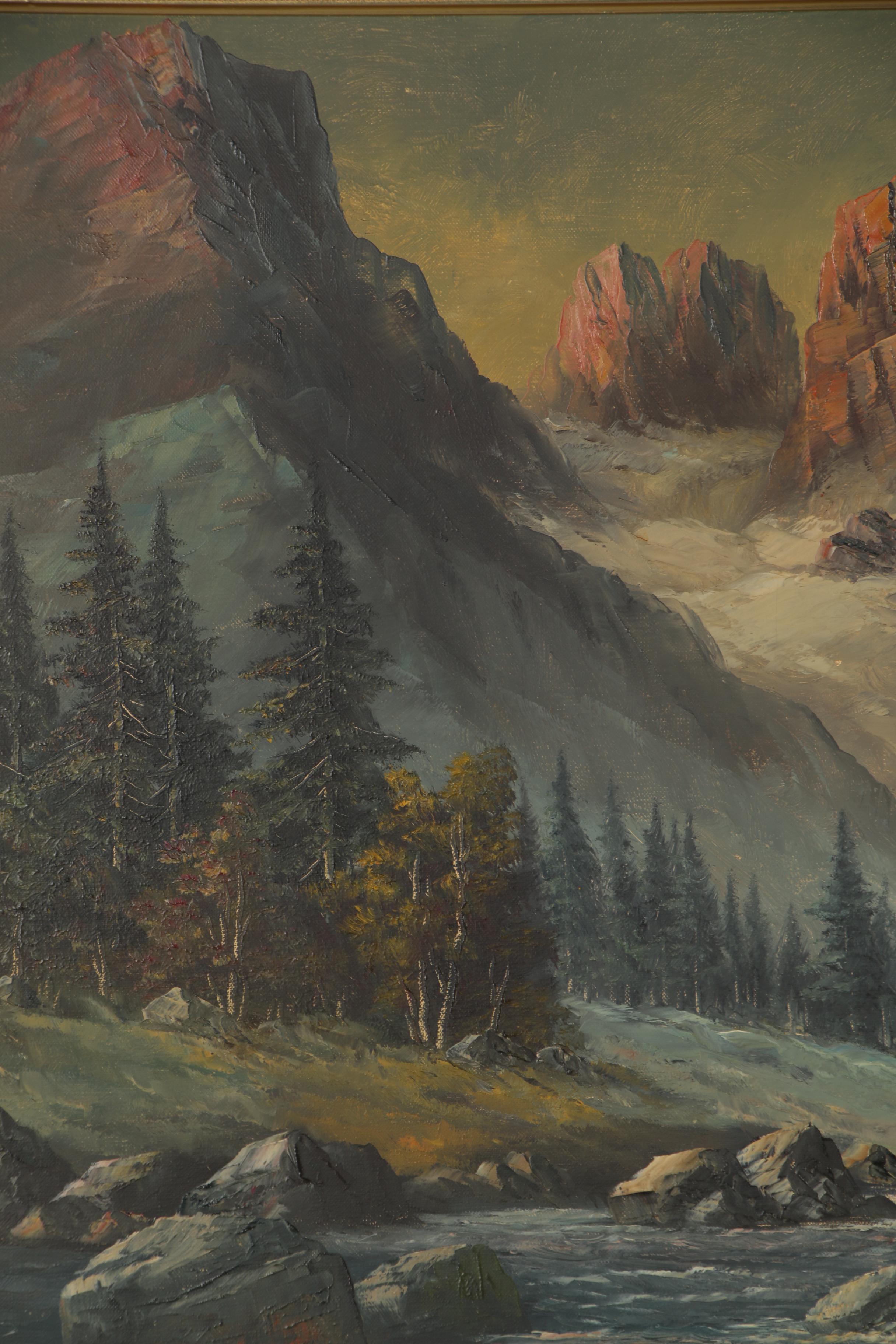 P. Olshof Oil Painting of Mountainside Landscape