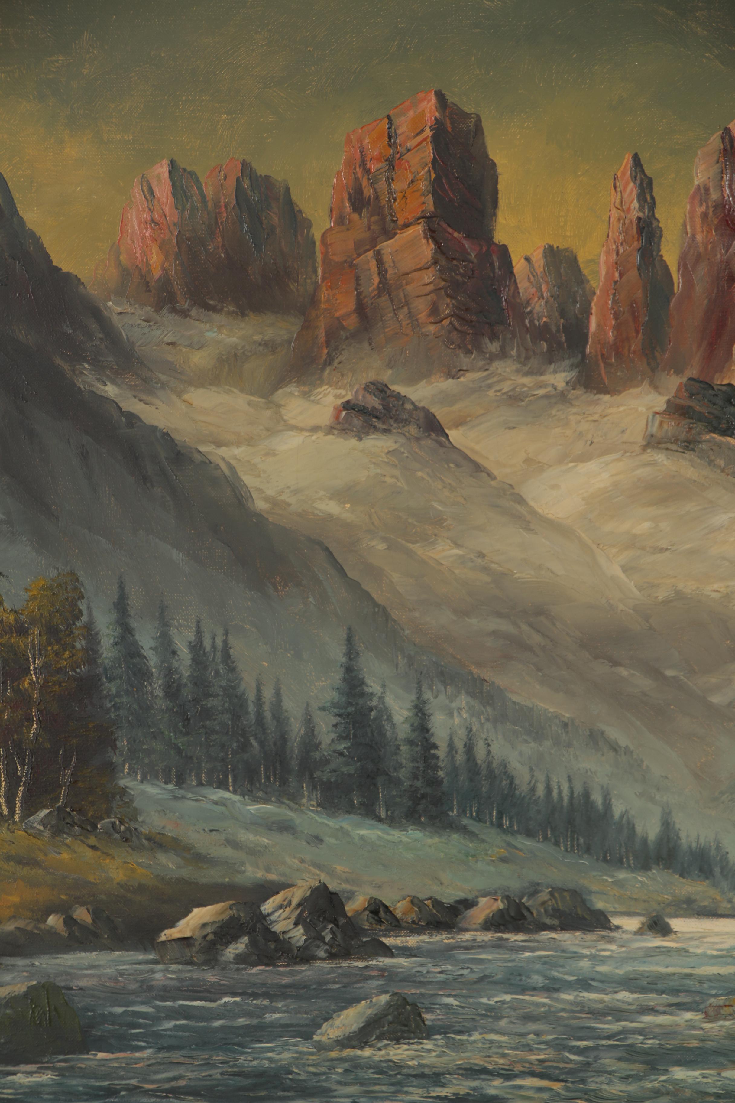 P. Olshof Oil Painting of Mountainside Landscape