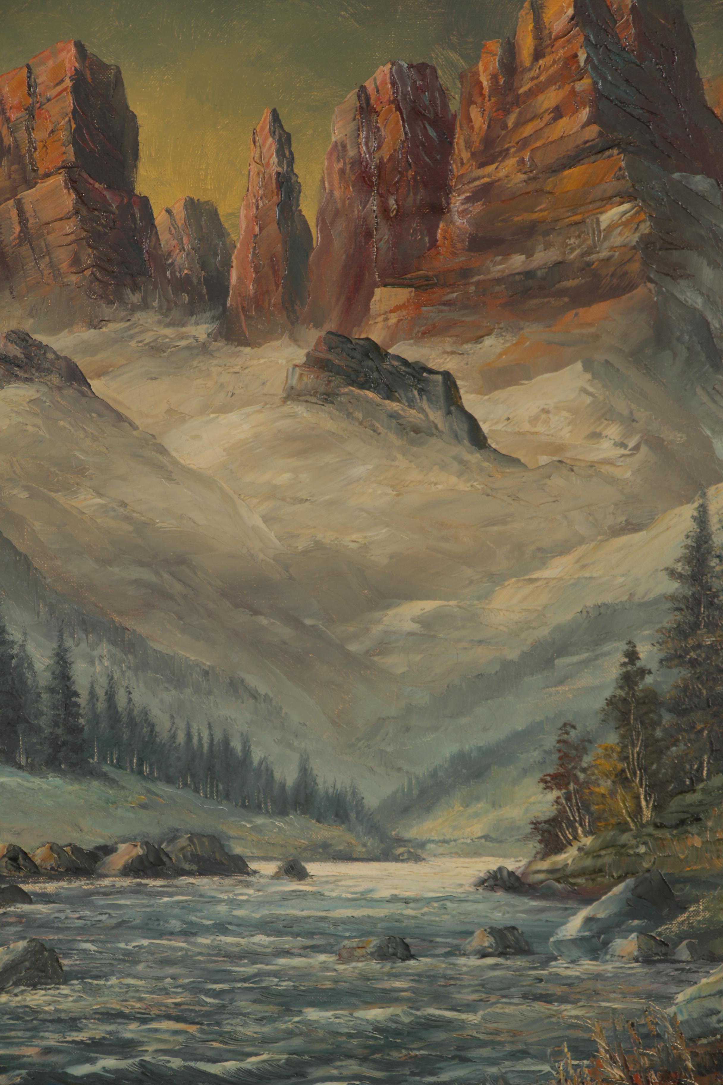 P. Olshof Oil Painting of Mountainside Landscape