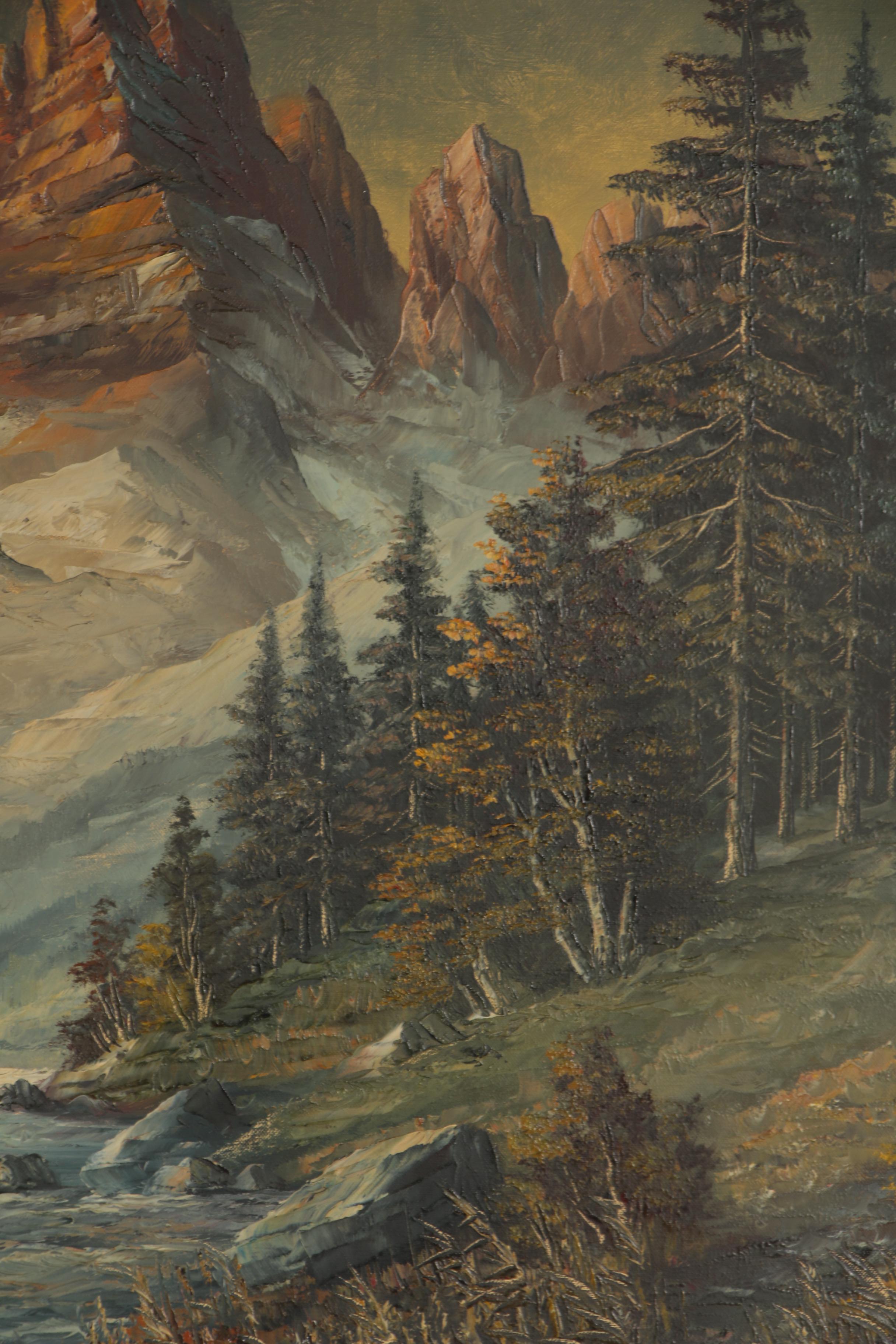 P. Olshof Oil Painting of Mountainside Landscape