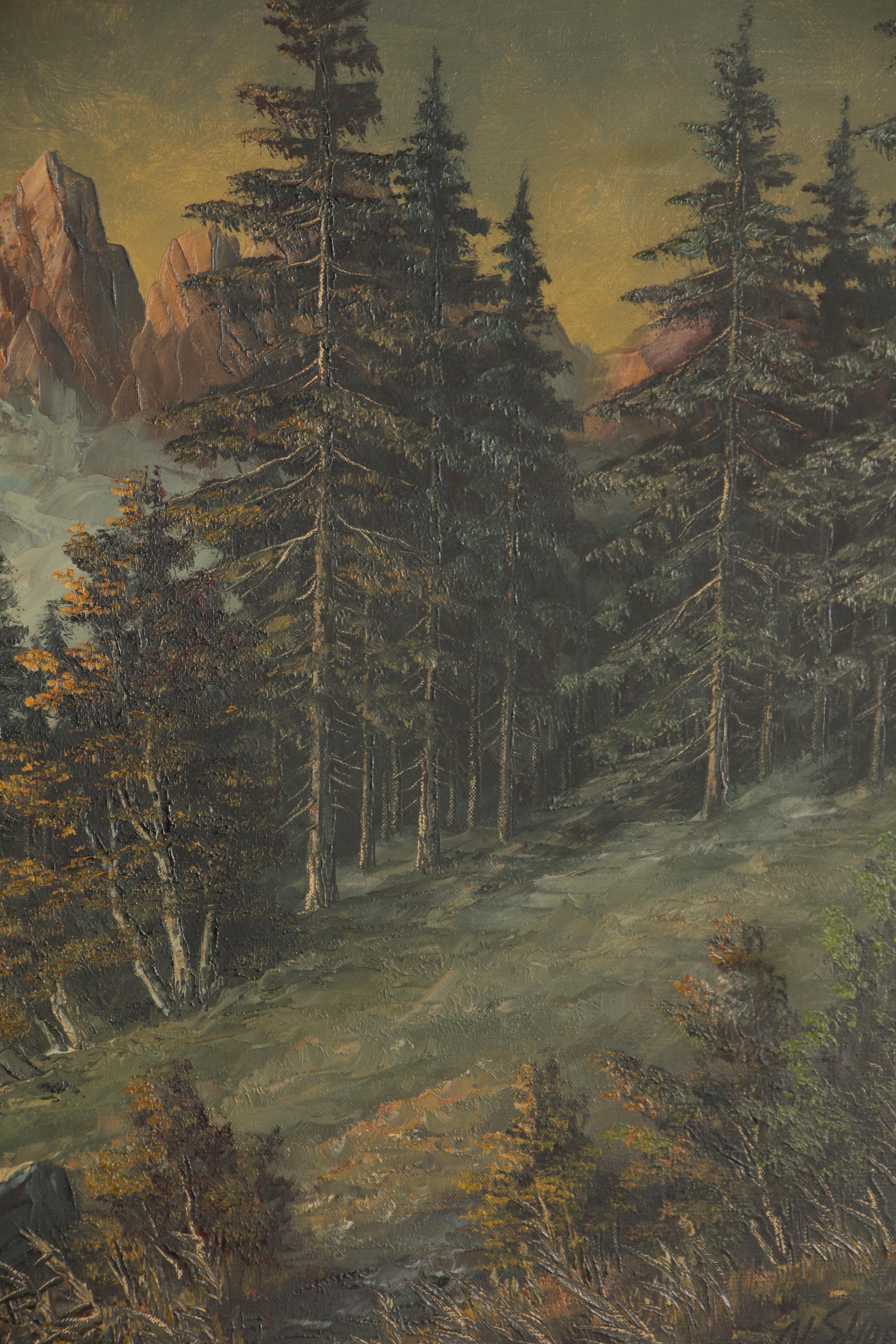 P. Olshof Oil Painting of Mountainside Landscape