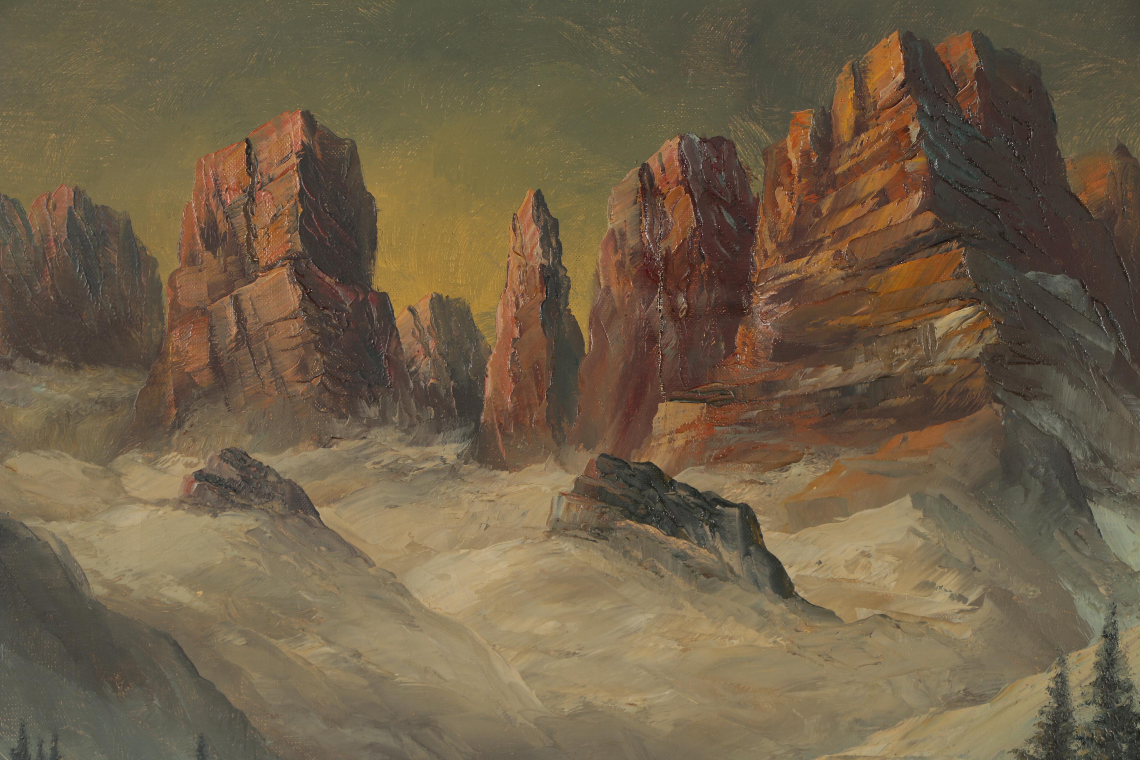 P. Olshof Oil Painting of Mountainside Landscape