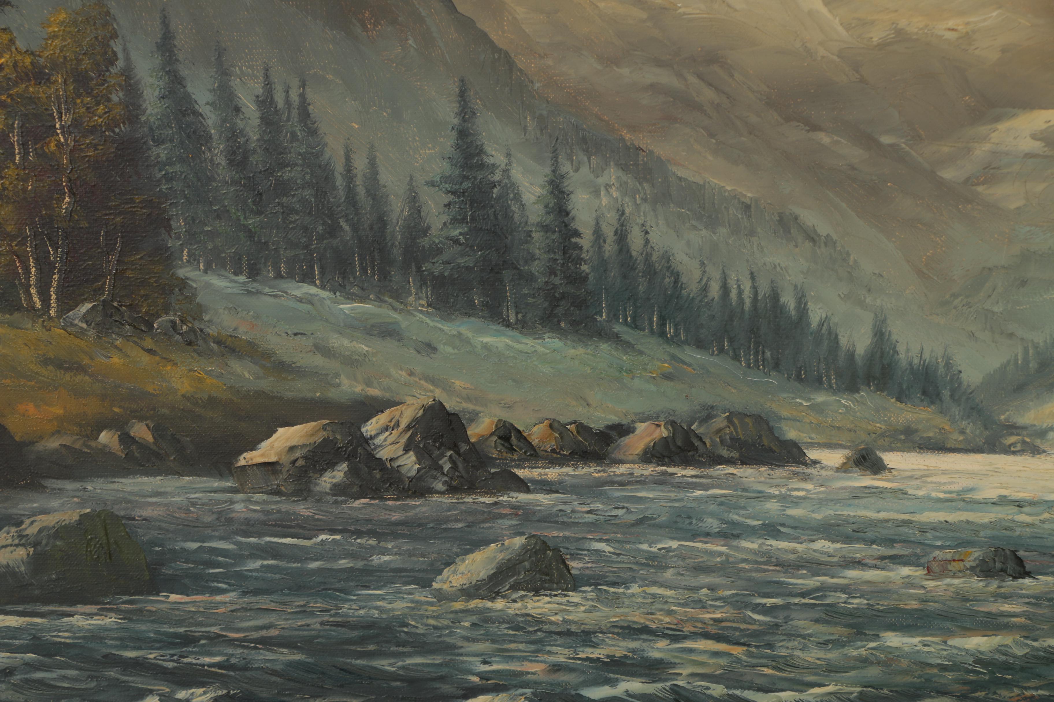 P. Olshof Oil Painting of Mountainside Landscape