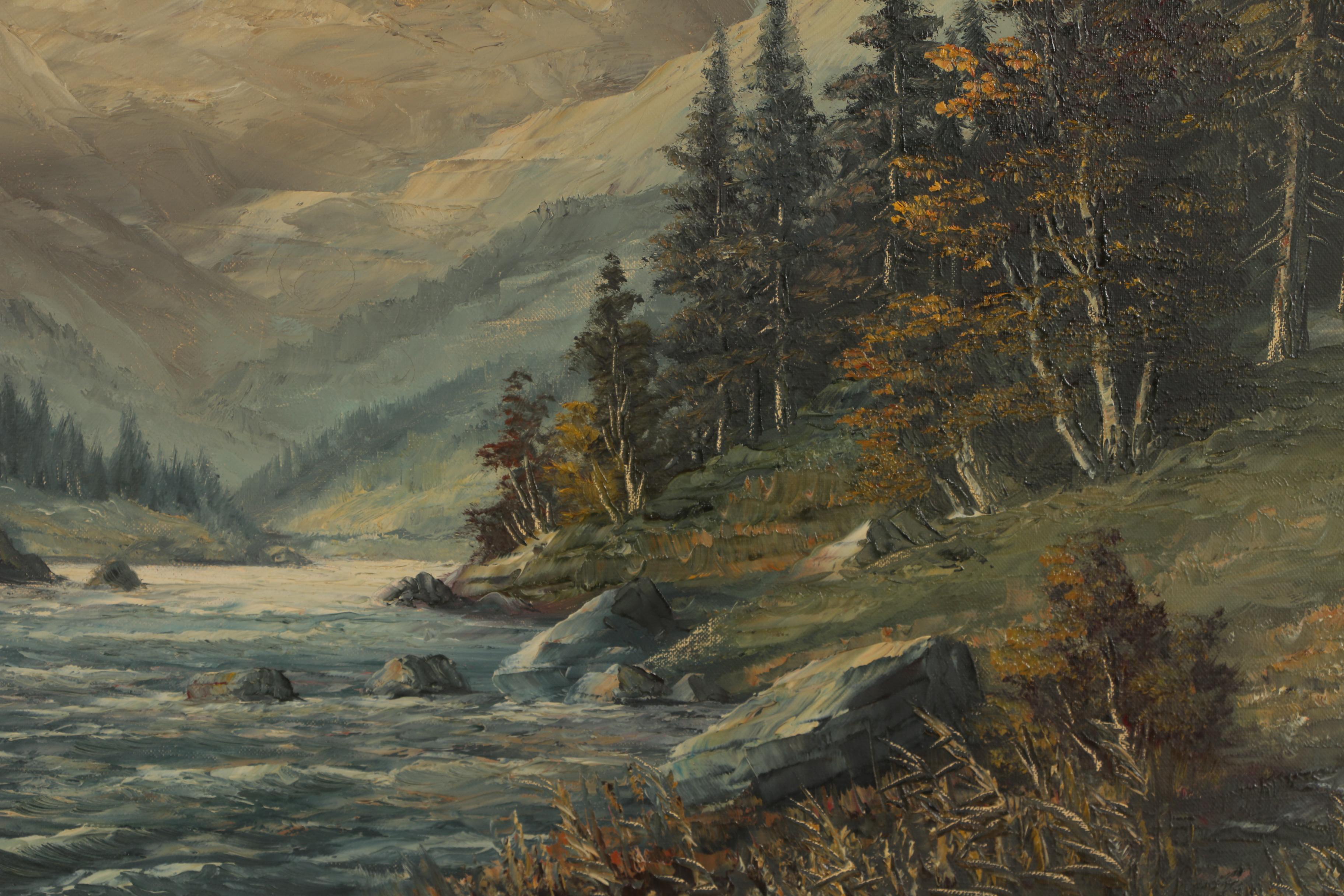 P. Olshof Oil Painting of Mountainside Landscape