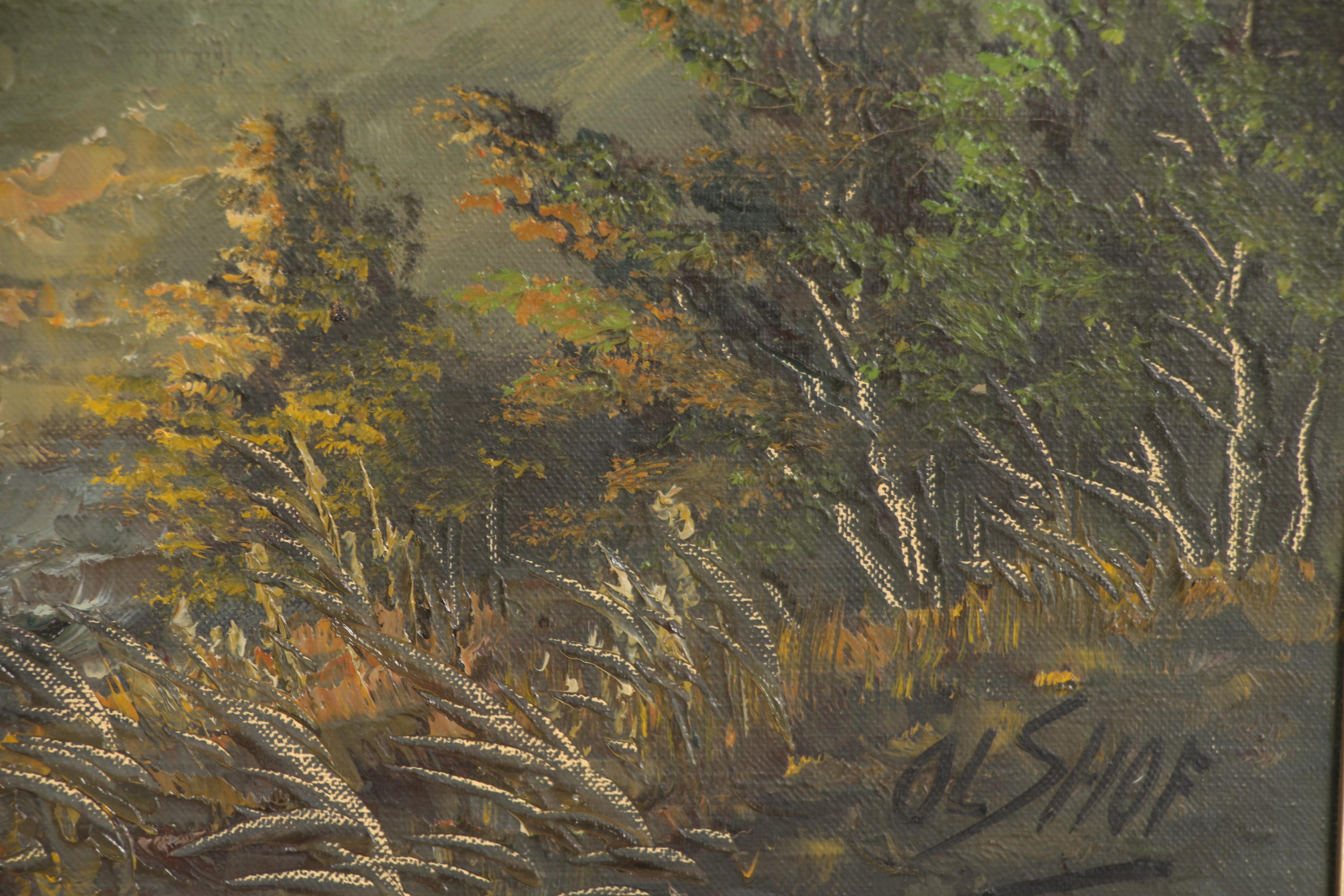 P. Olshof Oil Painting of Mountainside Landscape