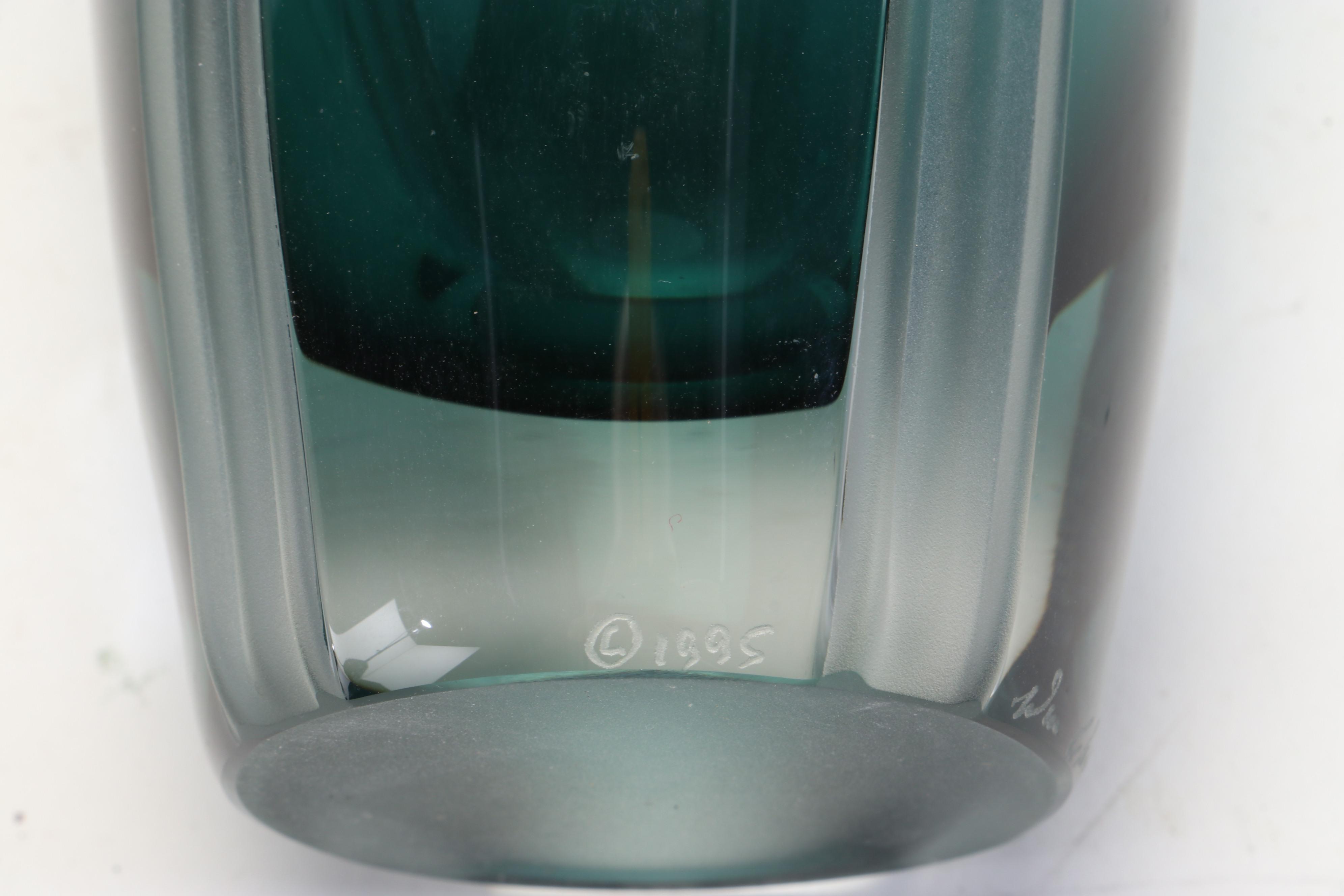 William Glasner Blue Green Art Glass Vase, 1995