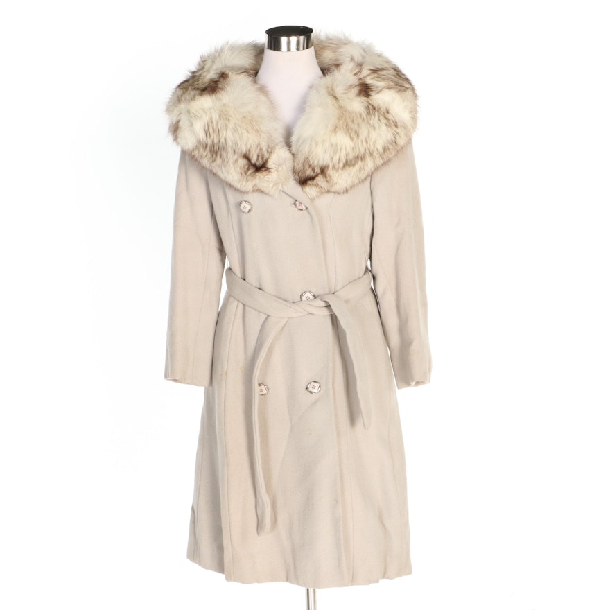 Double-Breasted Wool Coat with Tie Sash and Fox Fur Shawl Collar, Vintage
