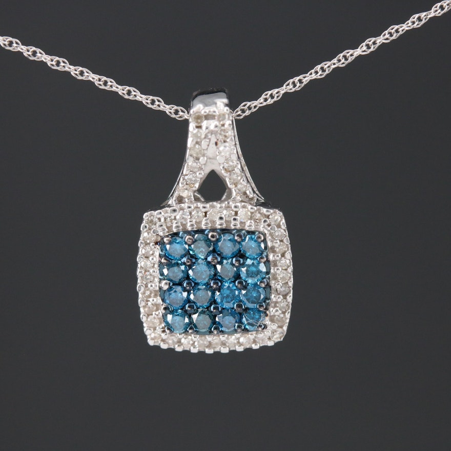 10K White Gold Blue Diamond and Diamond Pendant Necklace