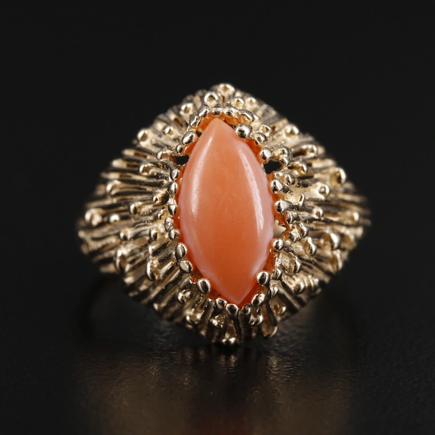 14K Gold Coral Cabochon Ring