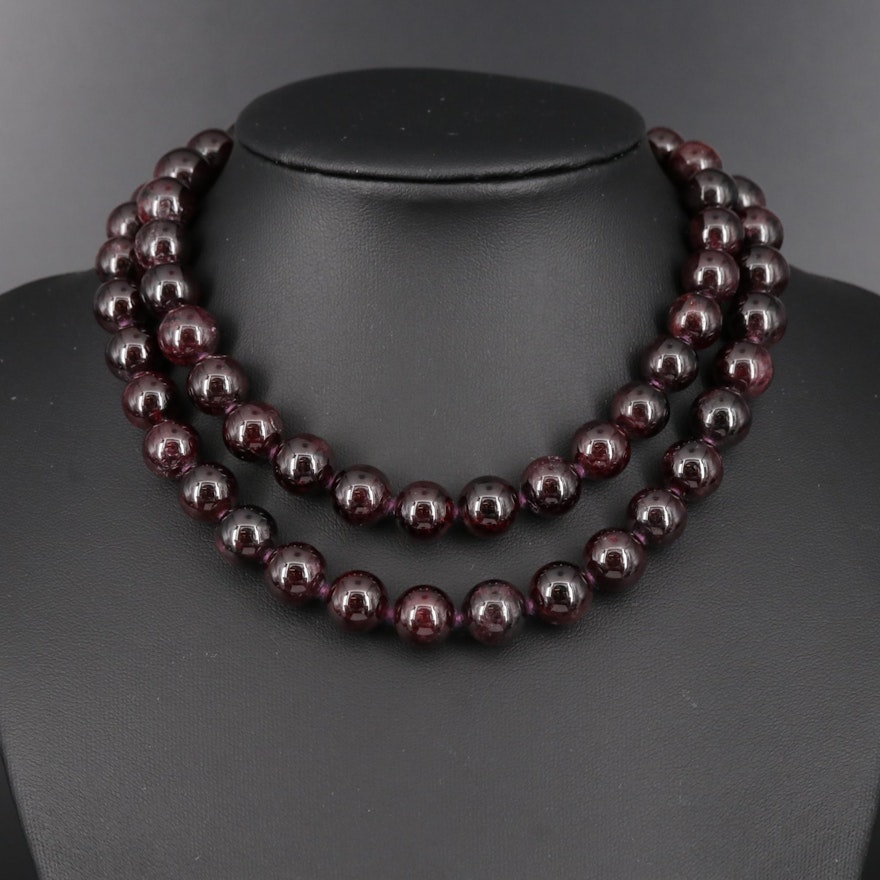 Beaded Garnet Necklace with Sterling Silver Clasp