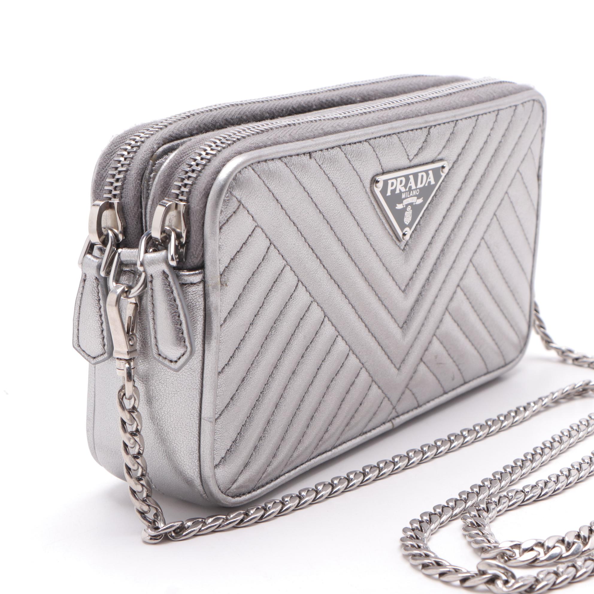Prada Mini Crossbody in Quilted Metallic Silver Leather with Chain Strap
