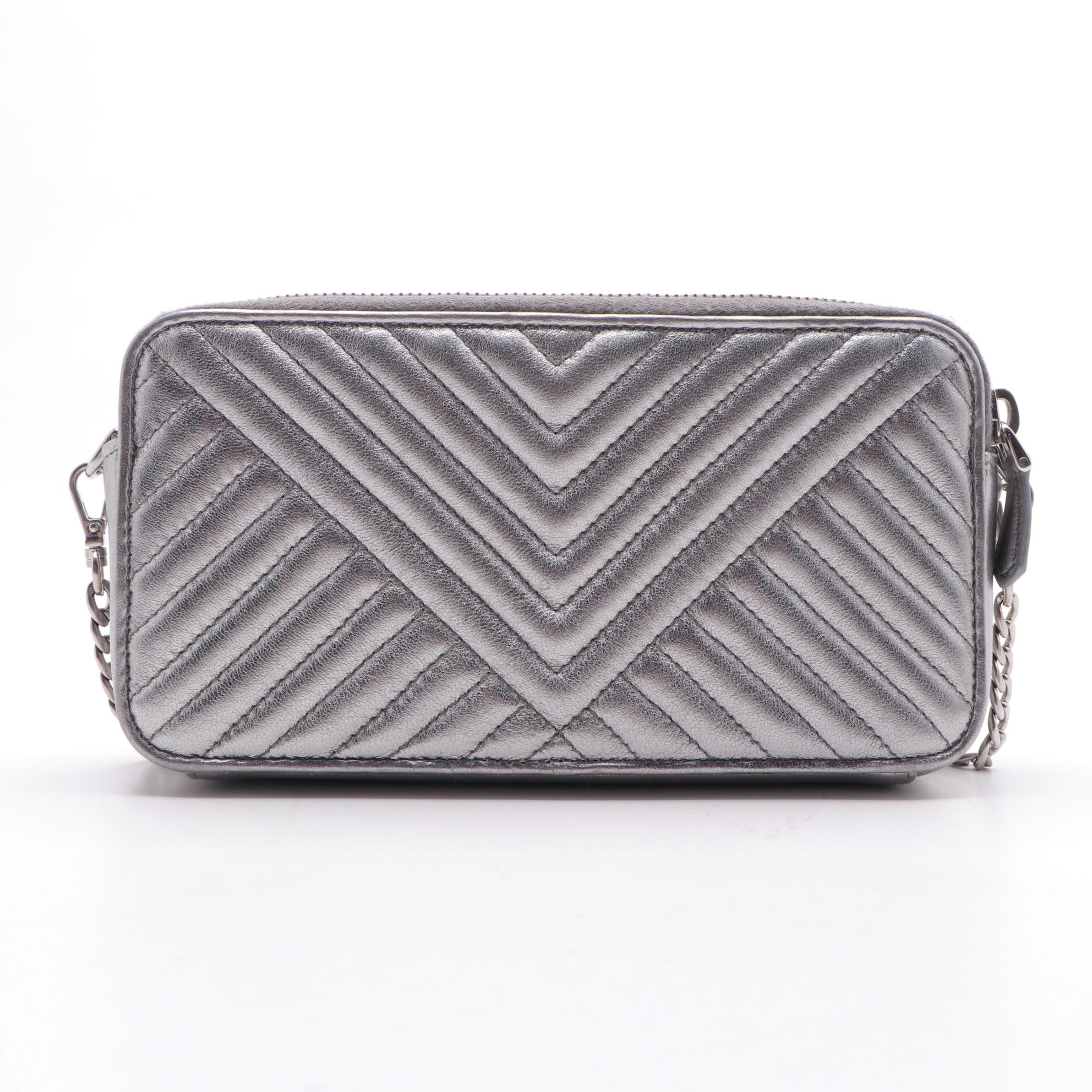 Prada Mini Crossbody in Quilted Metallic Silver Leather with Chain Strap