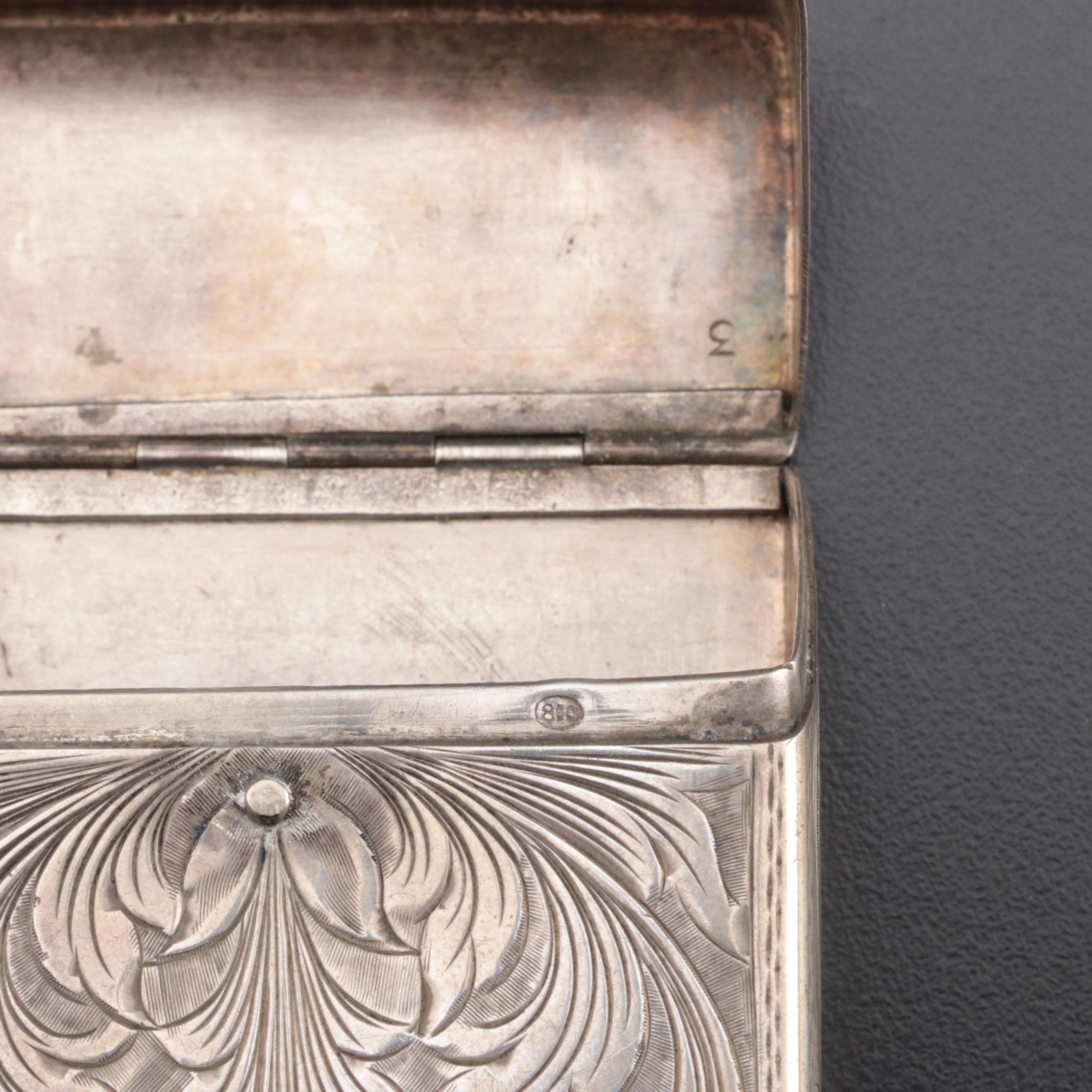 Hand-Chased 800 Silver Cigarette Case, Mid-Century