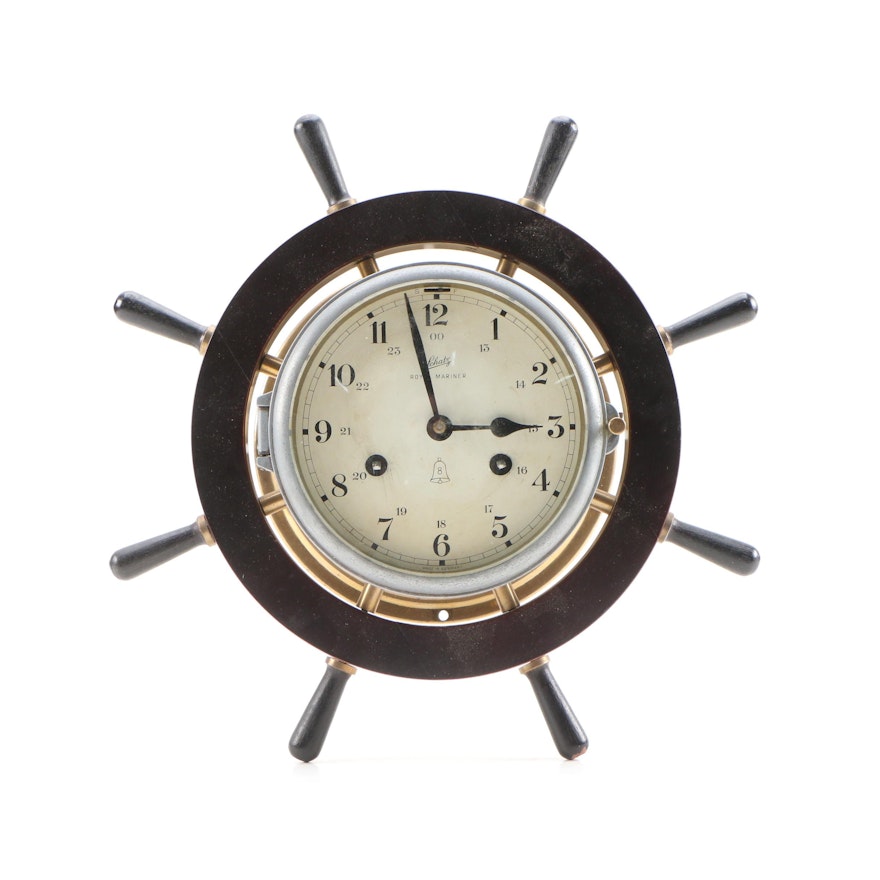 Schatz Royal Mariner Brass 8 Bell Ships Wheel Clock, Mid 20th Century