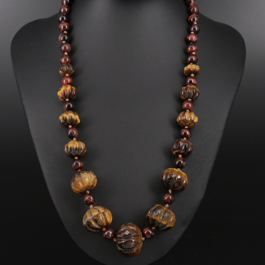 Tiger's Eye Graduated Fluted Beaded Necklace with Sterling Clasp