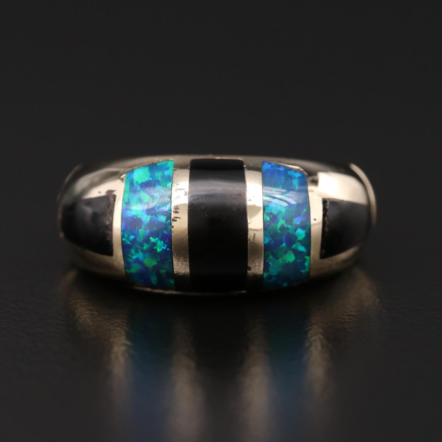 14K Gold Black Onyx and Snythetic Opal Inlay Ring