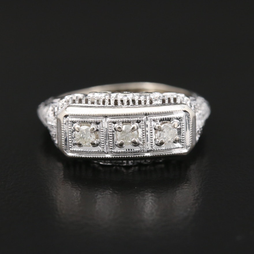 Circa 1930's 14K White Gold Diamond Filigree Ring