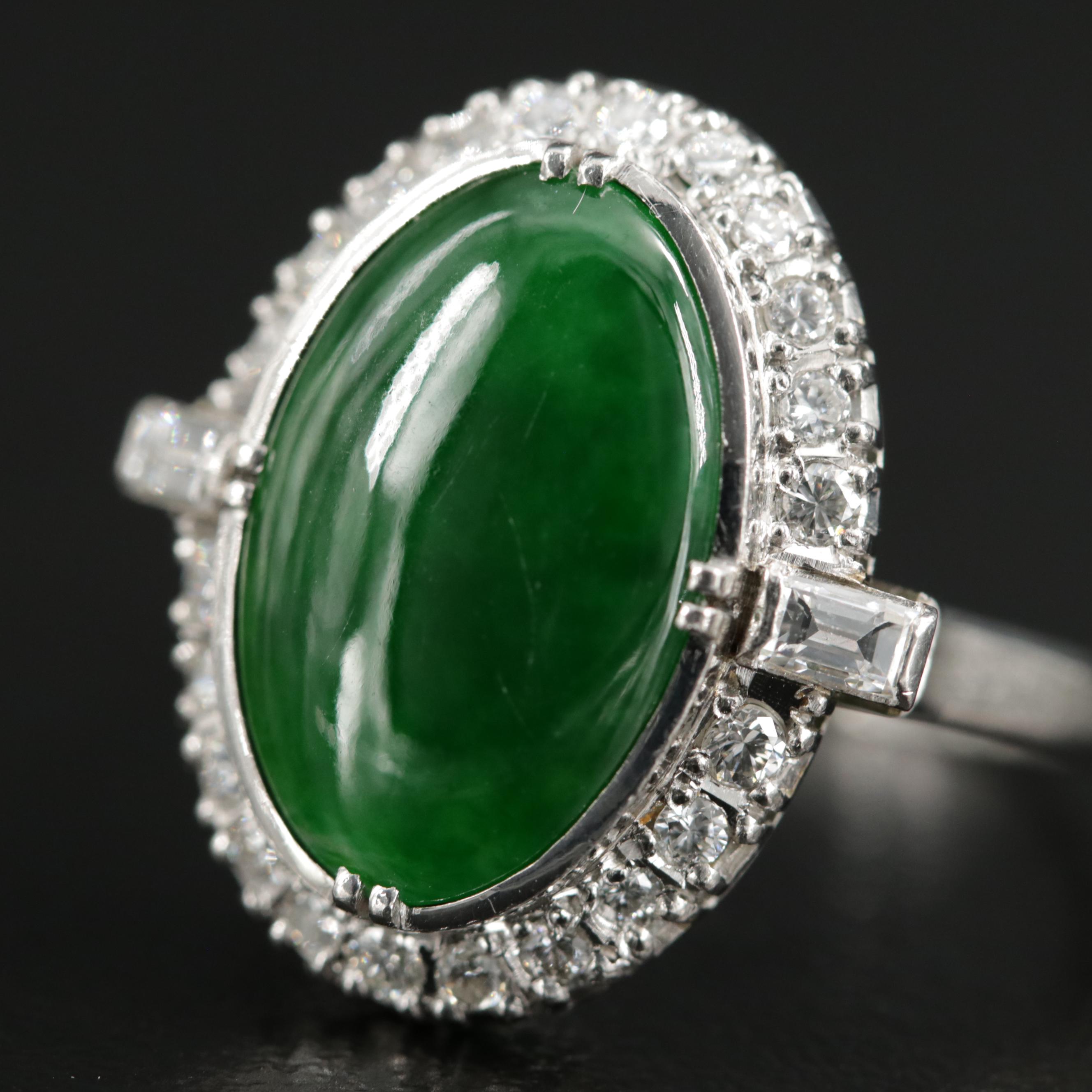 Vintage Platinum Alloy Jadeite and Diamond Ring