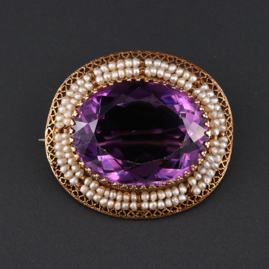 Early 1900s 10K 34.36 CT Amethyst and Seed Pearl Brooch