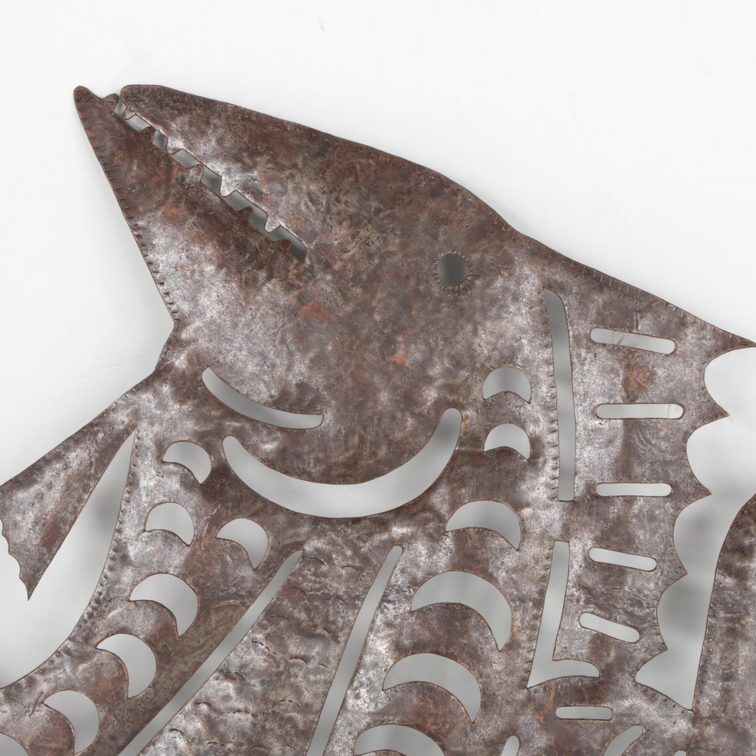 Serge Jolimeau Haitian Metal Relief Sculpture of Woman with Fish