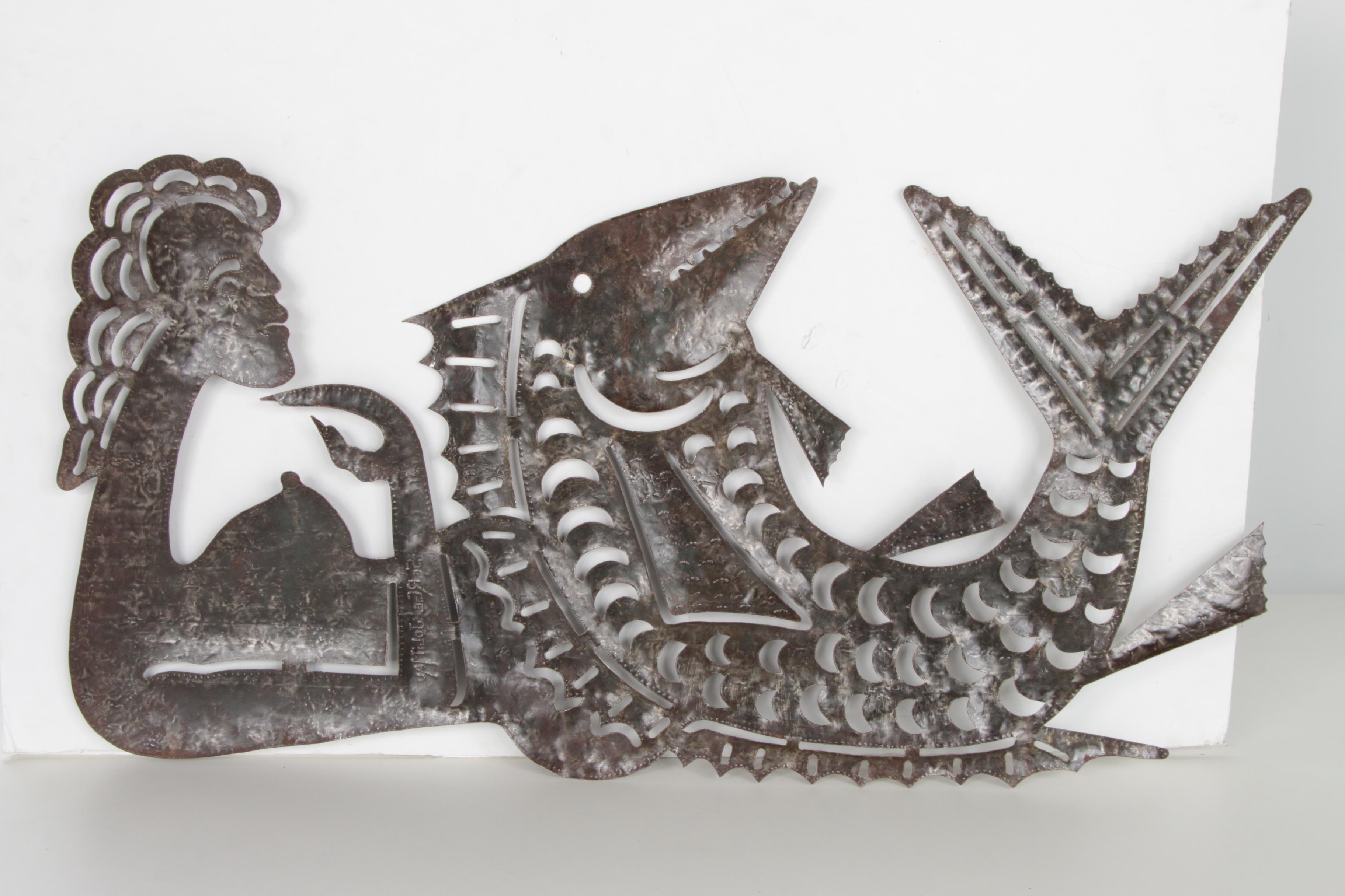 Serge Jolimeau Haitian Metal Relief Sculpture of Woman with Fish