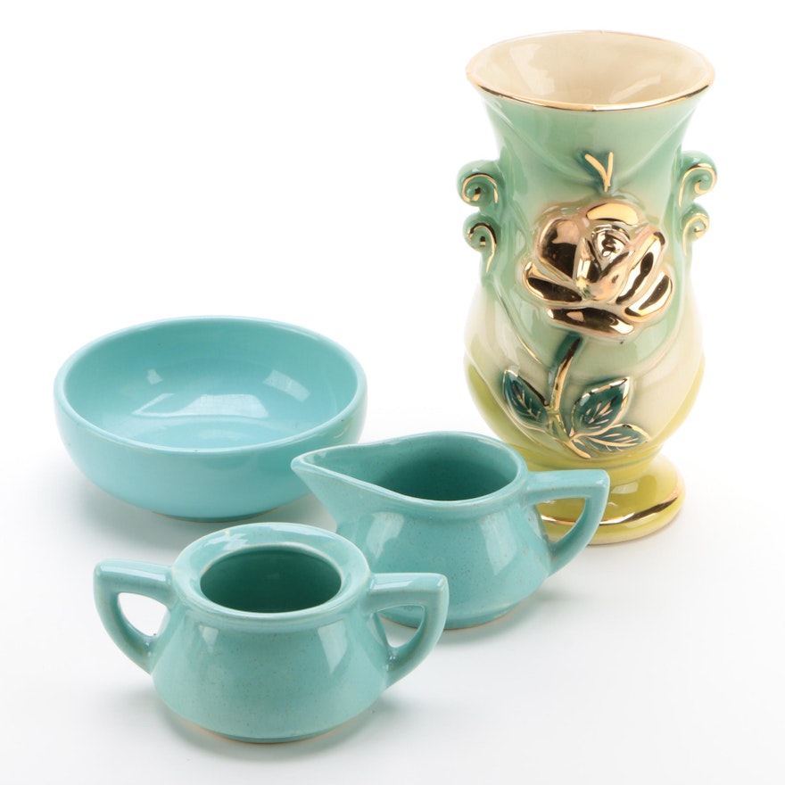 McCoy Turquoise Creamer, Sugar, and Bowl with Gilt Ceramic Vase