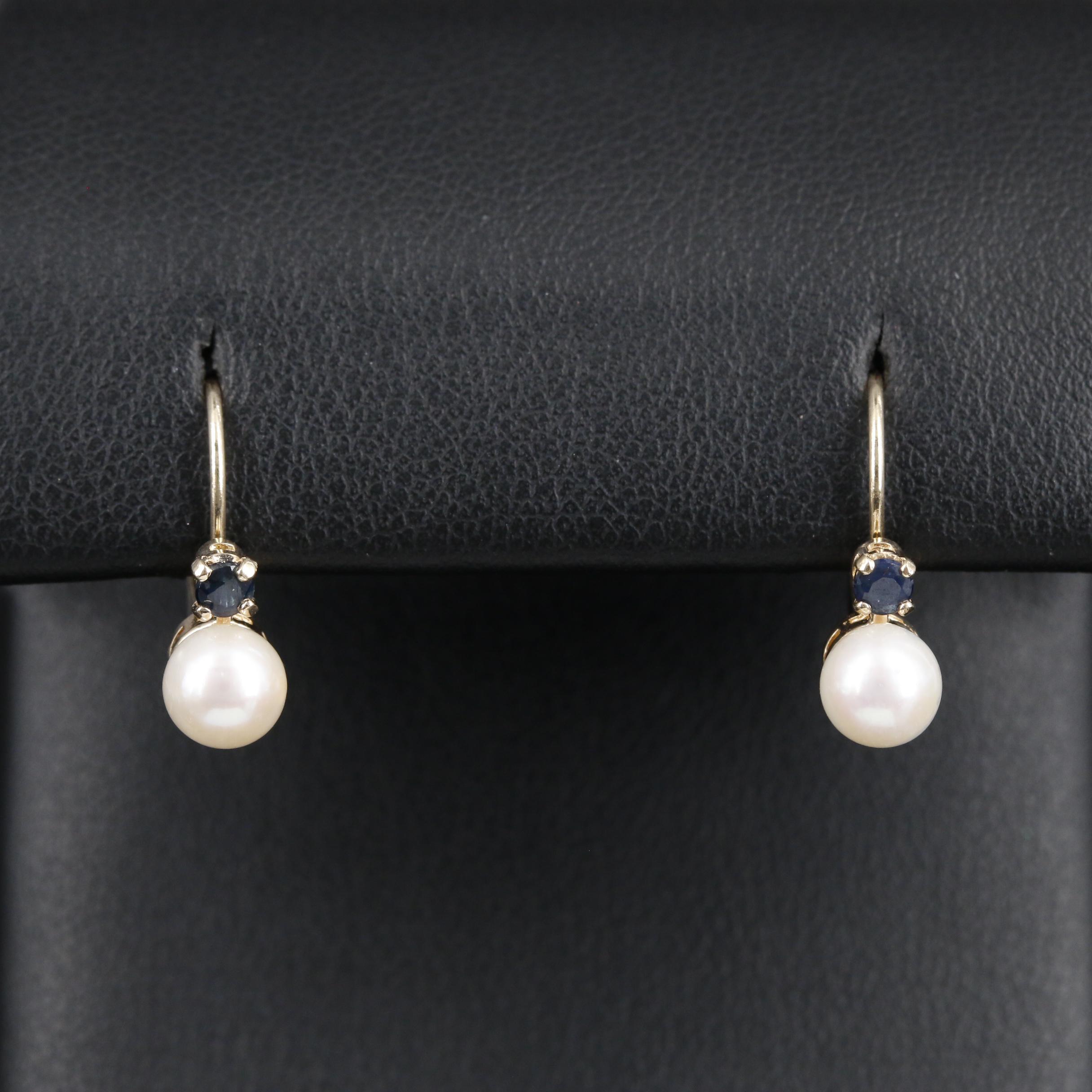 14K Pearl Drop Earrings Accented by Round Faceted Sapphires